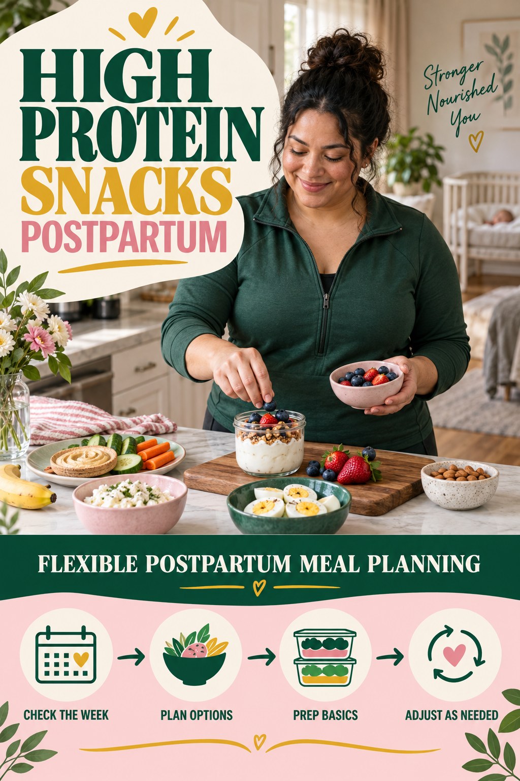 High Protein Snacks postpartum graphic titled Flexible Postpartum Meal Planning with four gradual recovery-aware prompts.