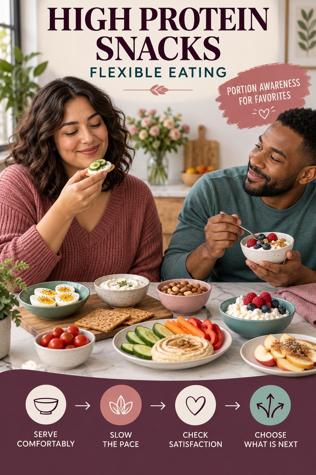 High Protein Snacks flexible eating graphic titled Portion Awareness for Favorites with four practical balance prompts.