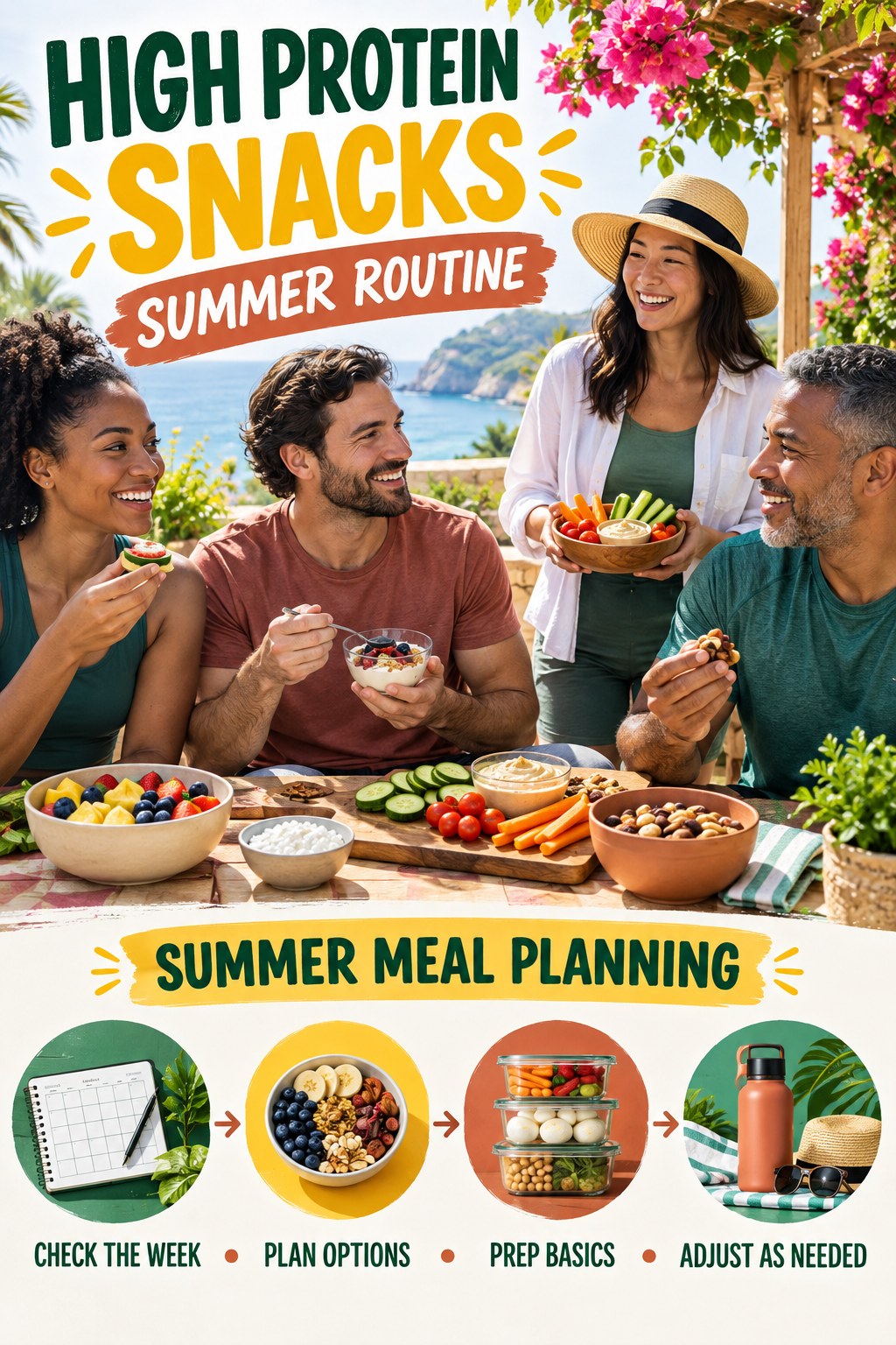 High Protein Snacks summer routine graphic titled Summer Meal Planning with four practical wellness prompts.