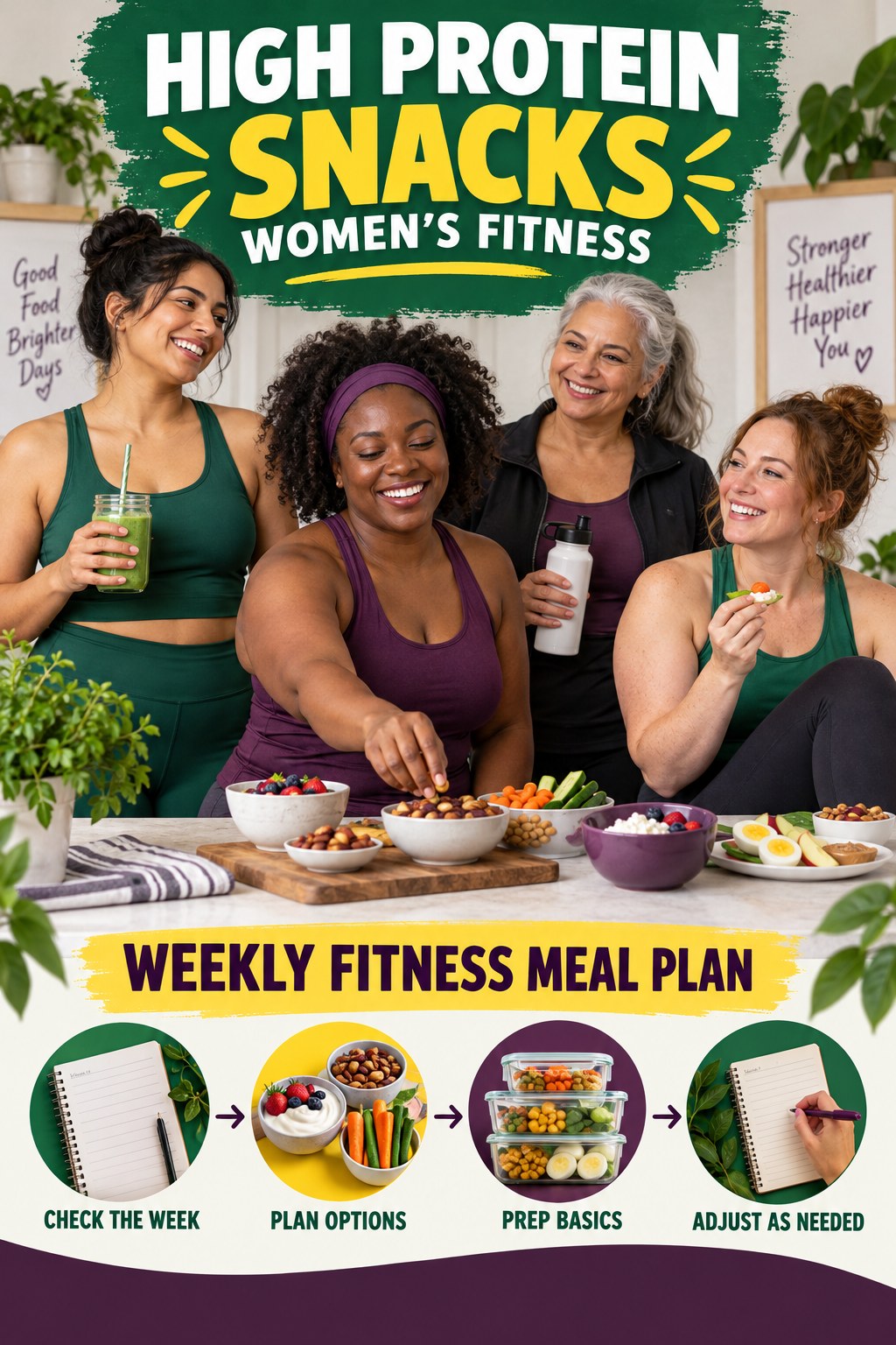 High Protein Snacks women’s fitness graphic titled Weekly Fitness Meal Plan with four practical training prompts.