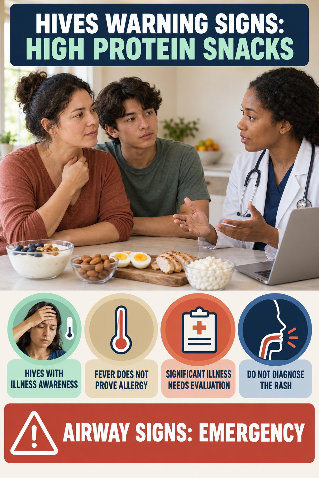 Hives with Illness Awareness infographic for High Protein Snacks, highlighting urgent breathing, throat, swelling, fainting, and rapid-progression warning signs without diagnosing hives.