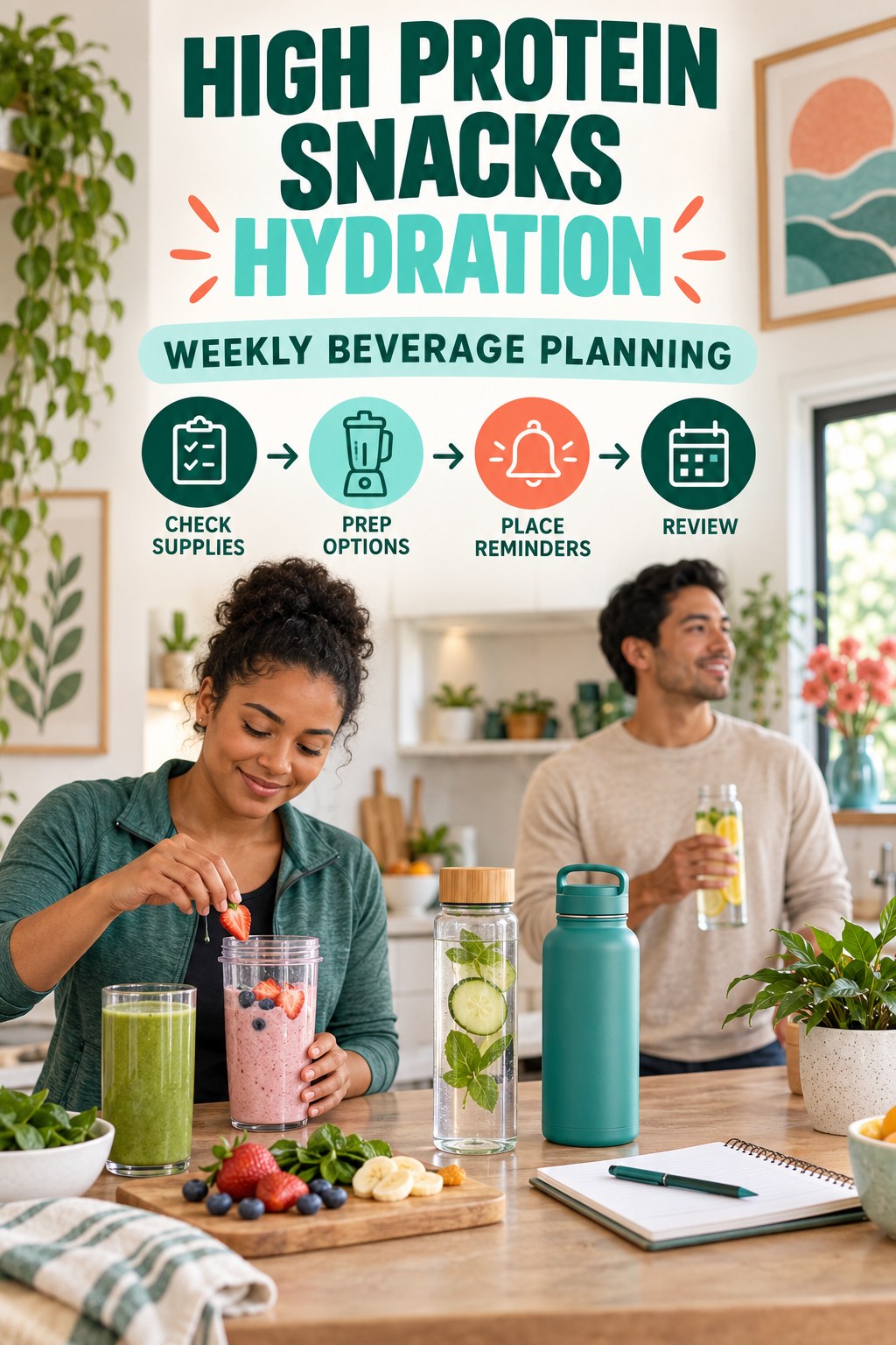 High Protein Snacks hydration graphic titled Weekly Beverage Planning with four flexible water-habit prompts and no fixed intake target.