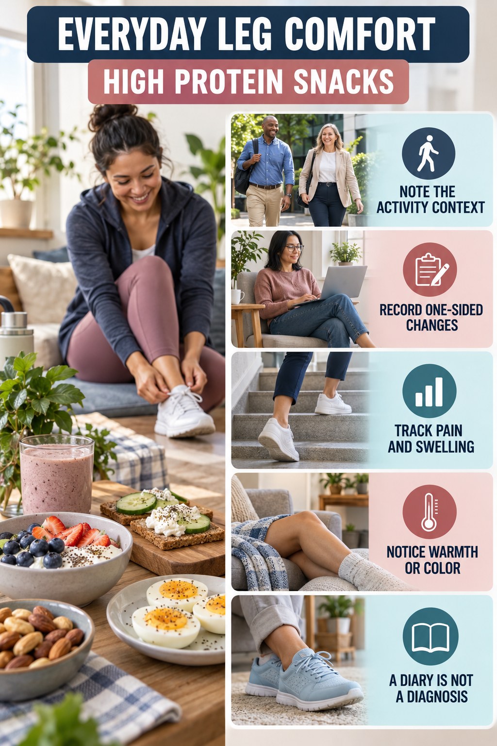 Leg Comfort Pattern Tracker infographic for High Protein Snacks with five gentle movement, position, footwear, recovery, or safety actions.