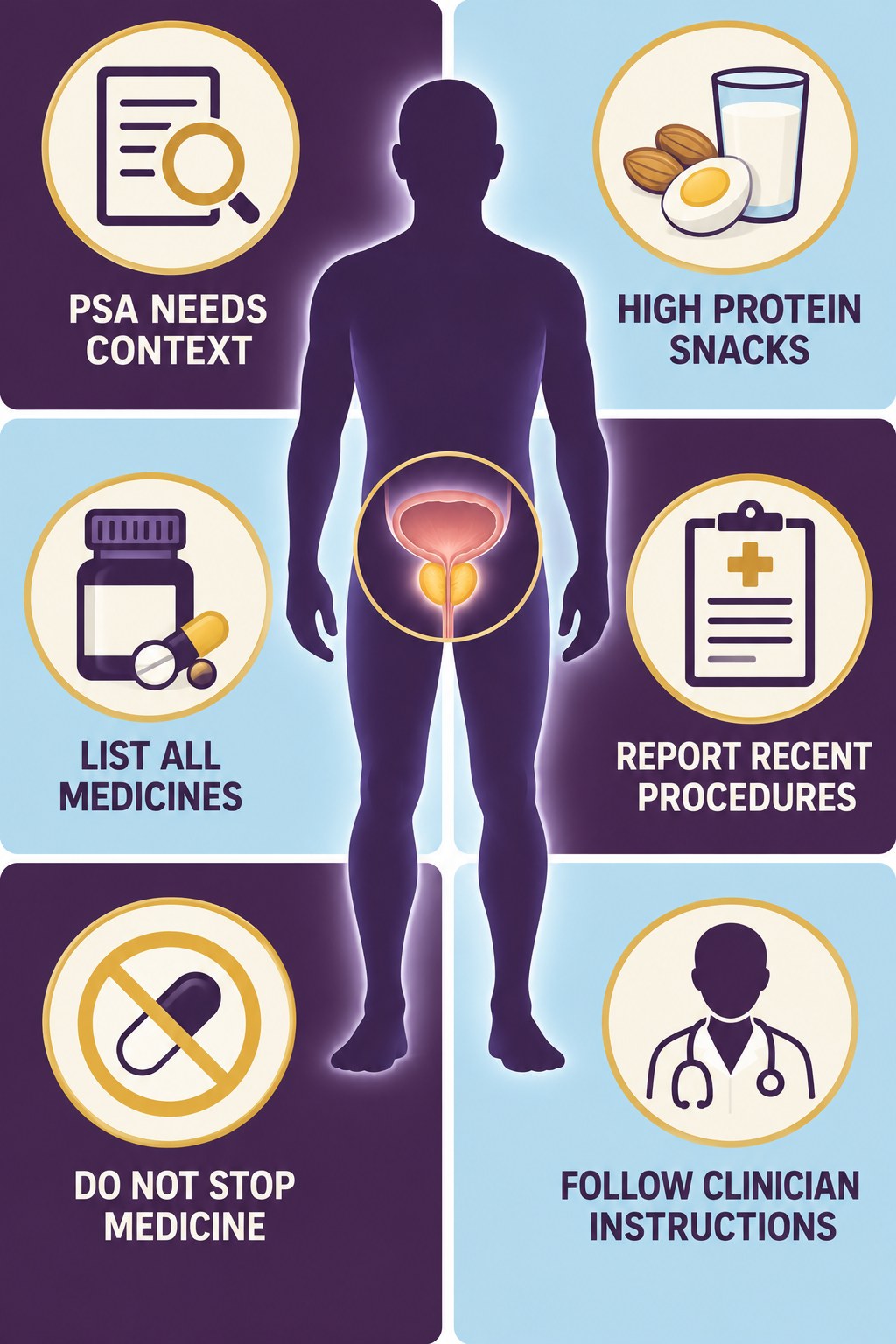 Medication History Matters for PSA Context infographic for High Protein Snacks with four concise prostate-health awareness points.