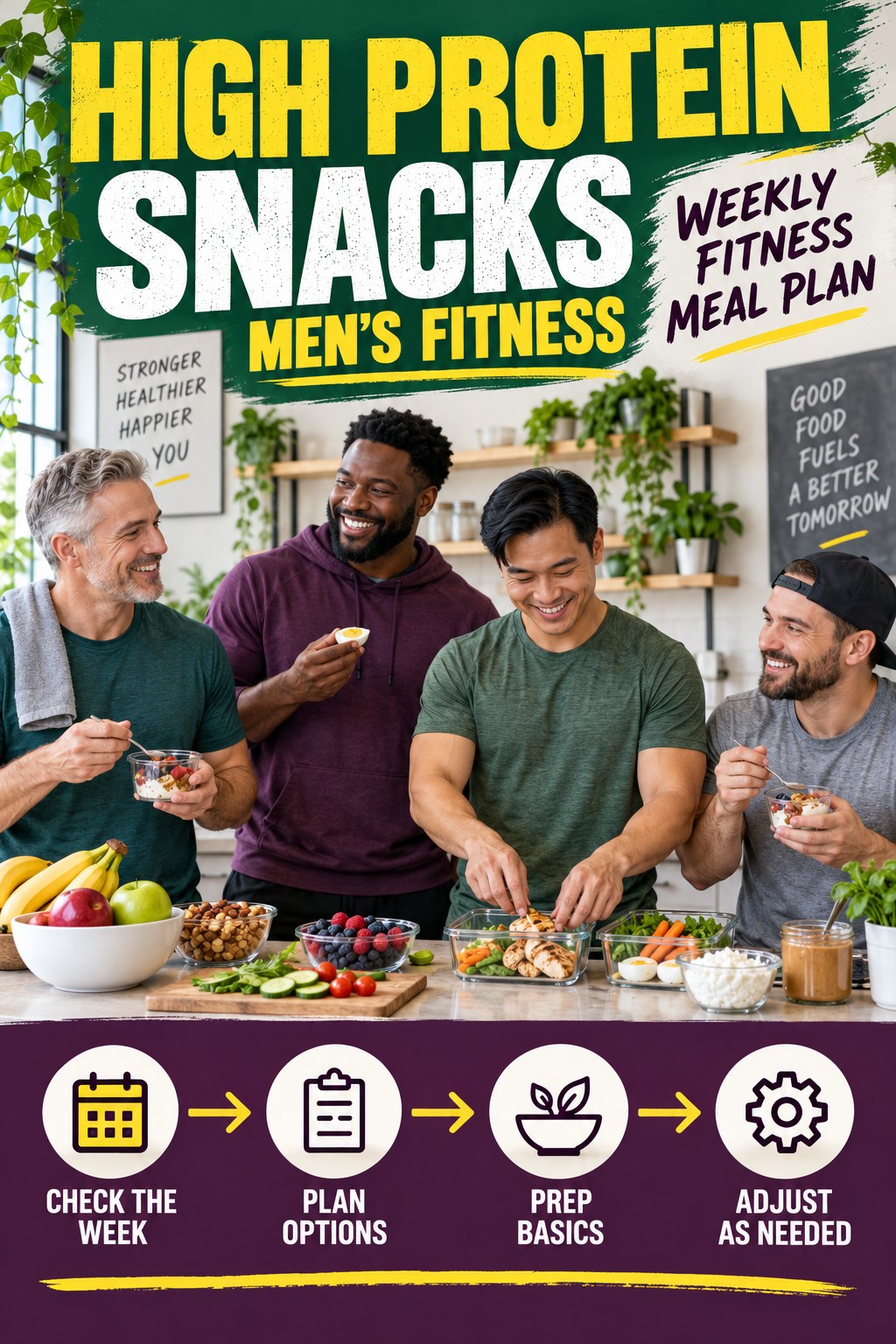 High Protein Snacks men’s fitness graphic titled Weekly Fitness Meal Plan with four practical training prompts.
