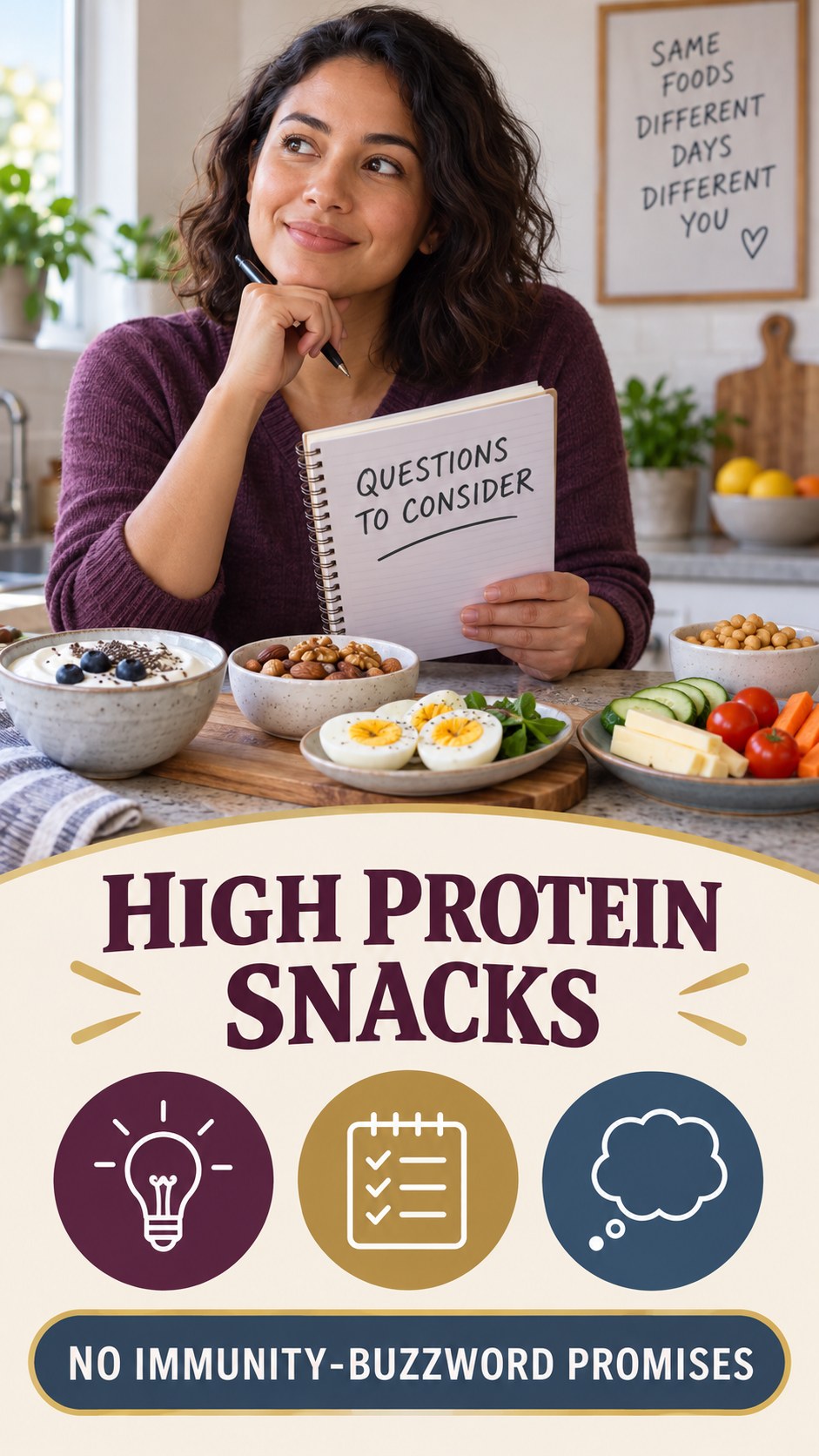 No Miracle Food Claims infographic for High Protein Snacks, explaining that possible cold-sore triggers vary by person.
