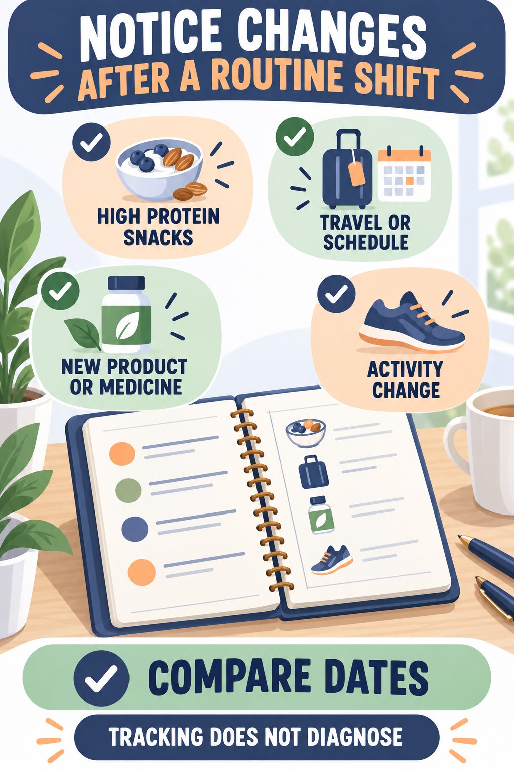 Notice Changes After a Routine Shift urinary symptom tracking infographic for High Protein Snacks with four practical diary points and a non-diagnostic reminder.