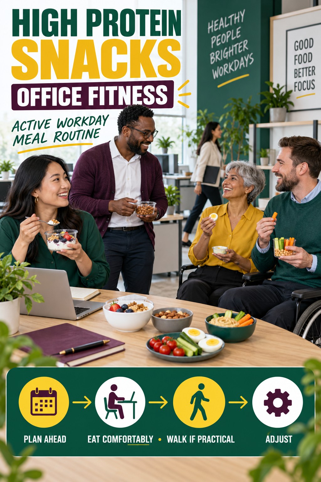 High Protein Snacks office-fitness graphic titled Active Workday Meal Routine with four practical workday movement prompts.