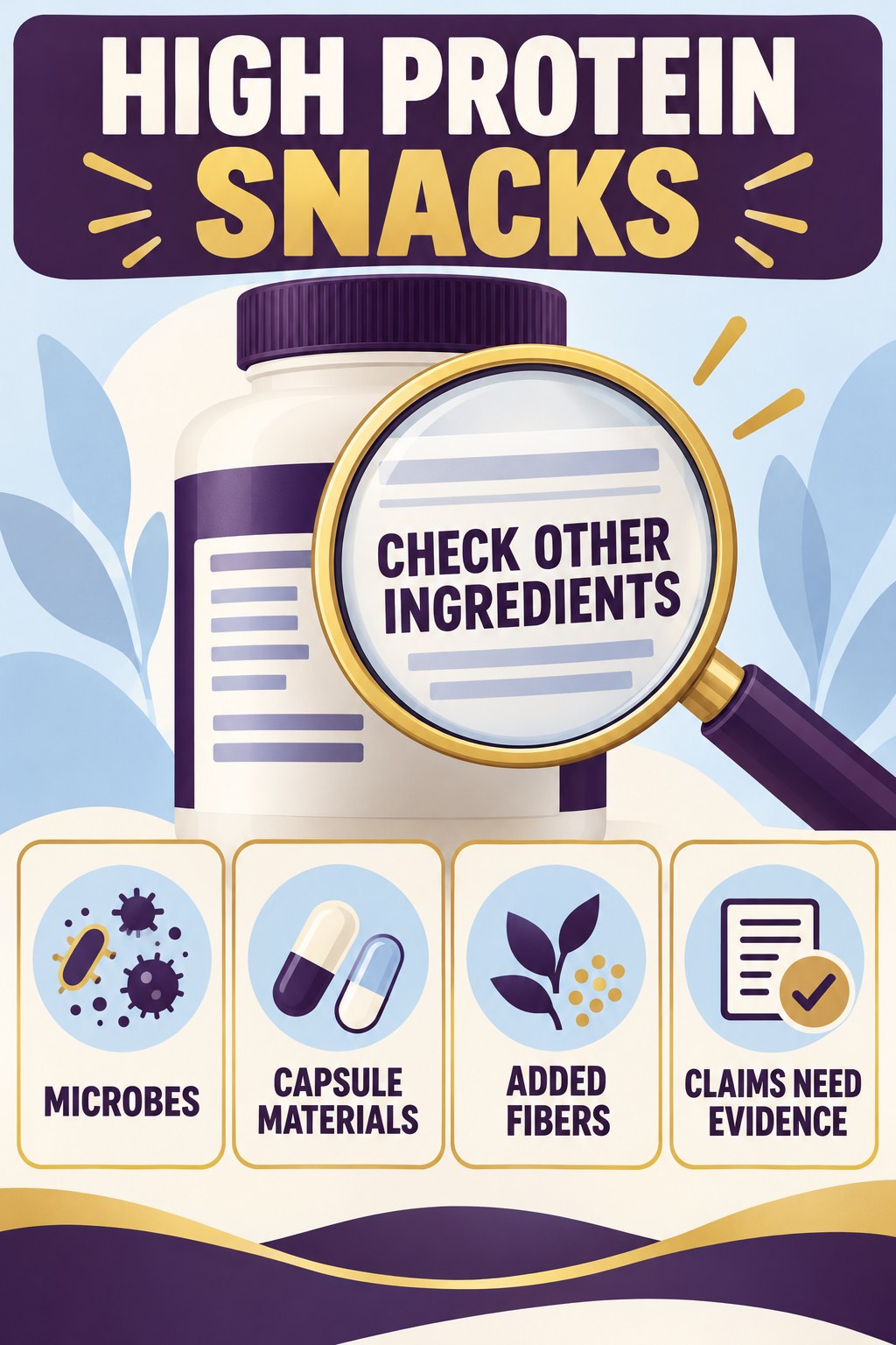 Other Ingredients Deserve Their Own Check infographic for High Protein Snacks with four concise probiotic-label reading points.