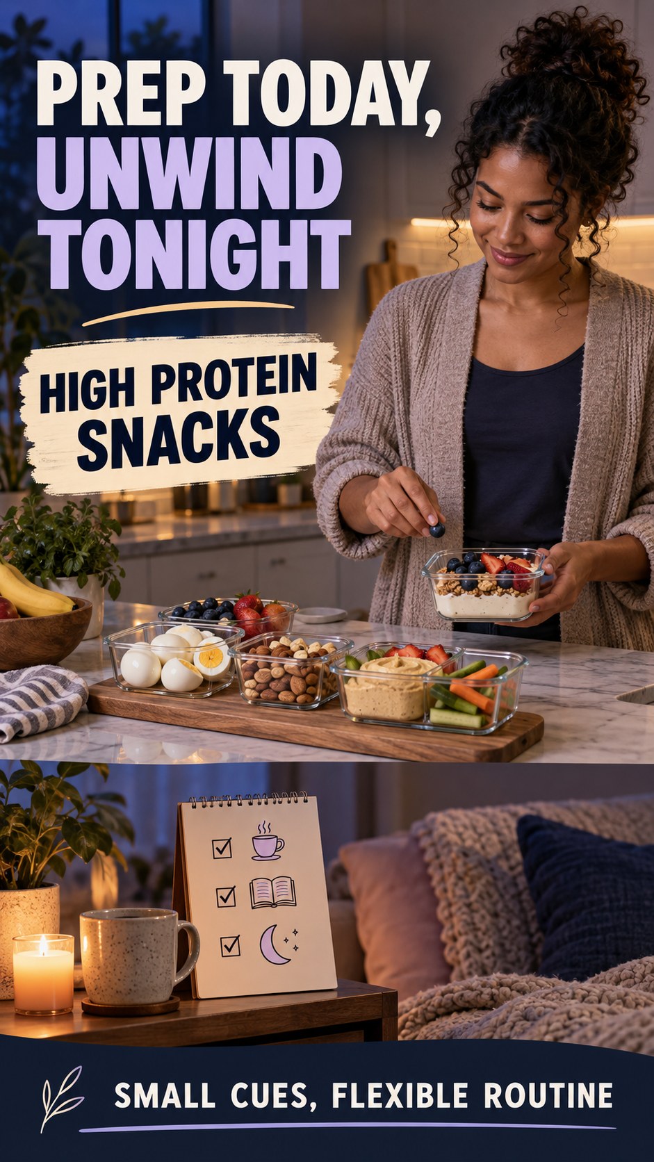 Meal Prep and Sleep Routine infographic for High Protein Snacks, showing a flexible and calming evening wellness routine.