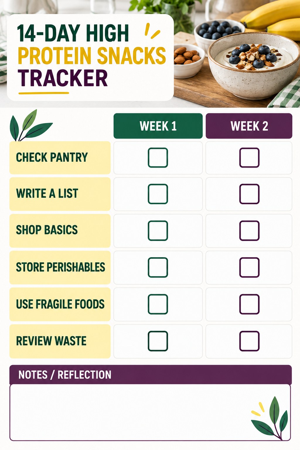 14-Day High Protein Snacks printable-style tracker graphic with six labeled rows, empty checkboxes, and a reflection area.