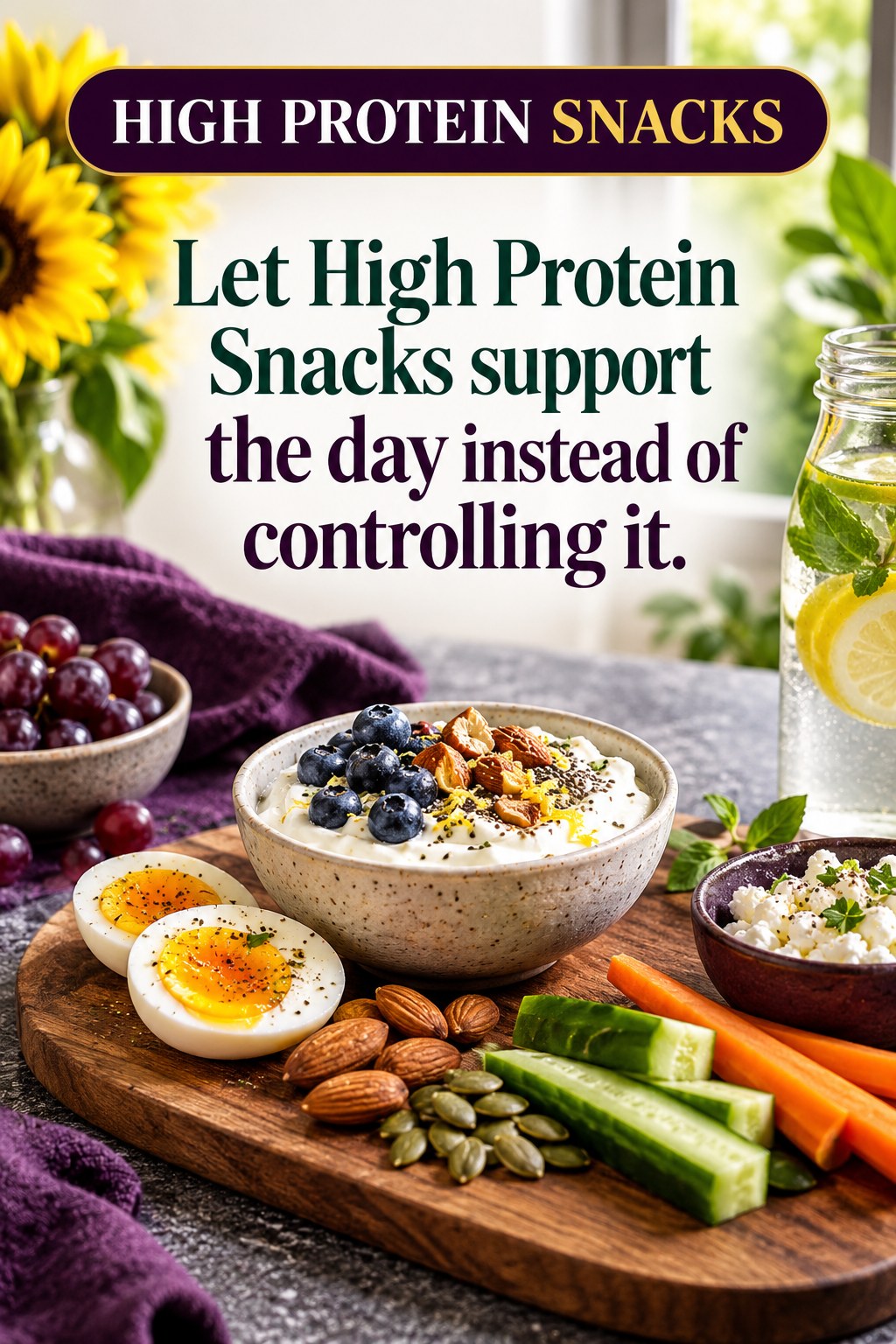 Original High Protein Snacks quote graphic reading “Let High Protein Snacks support the day instead of controlling it.” in a board-relevant editorial design.
