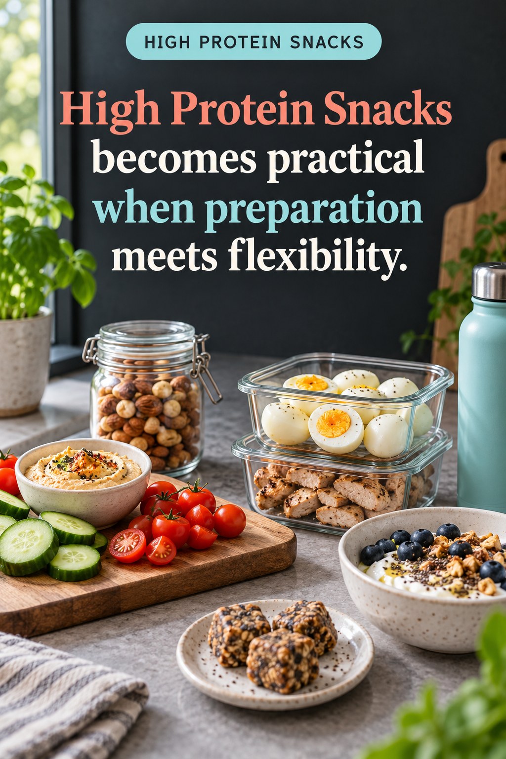 Original High Protein Snacks quote graphic reading “High Protein Snacks becomes practical when preparation meets flexibility.” in a board-relevant editorial design.