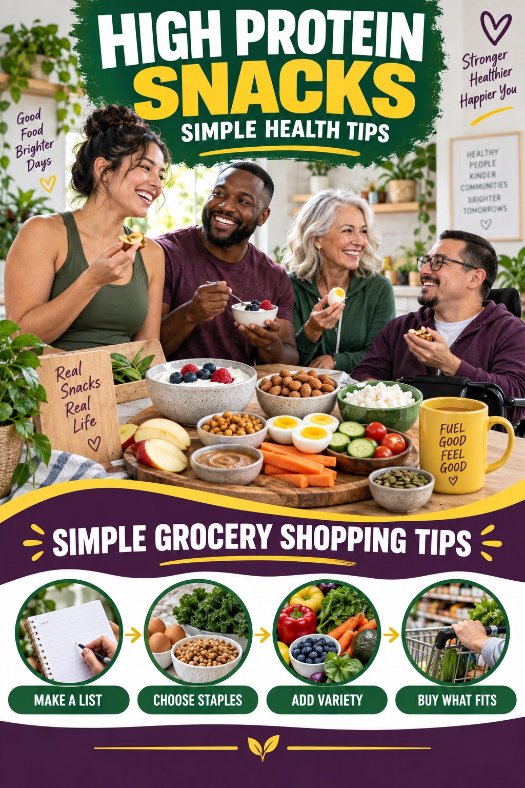 High Protein Snacks simple-health graphic titled Simple Grocery Shopping Tips with four practical wellness prompts.