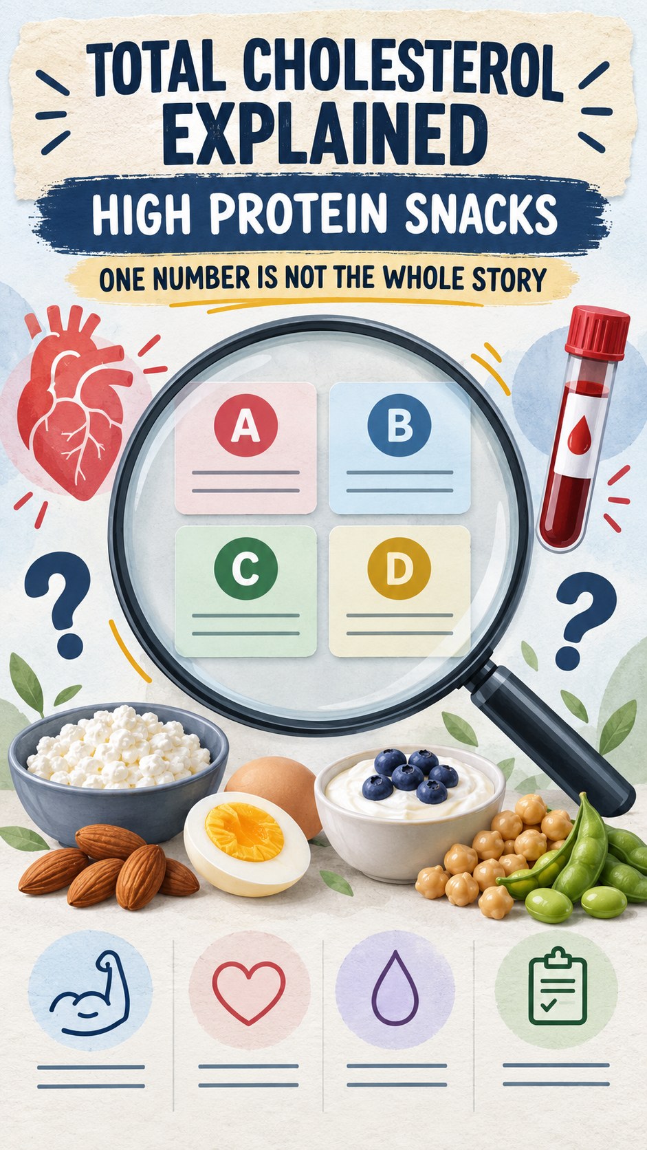 Total Cholesterol Interpretation Guide infographic for High Protein Snacks, using a non-numerical educational lipid-panel layout with question and context icons.