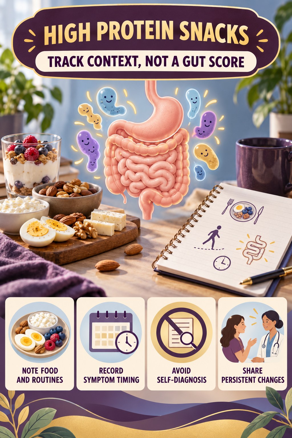 Track Habits and Symptoms, Not a Gut Score educational infographic for High Protein Snacks with four evidence-aware points.