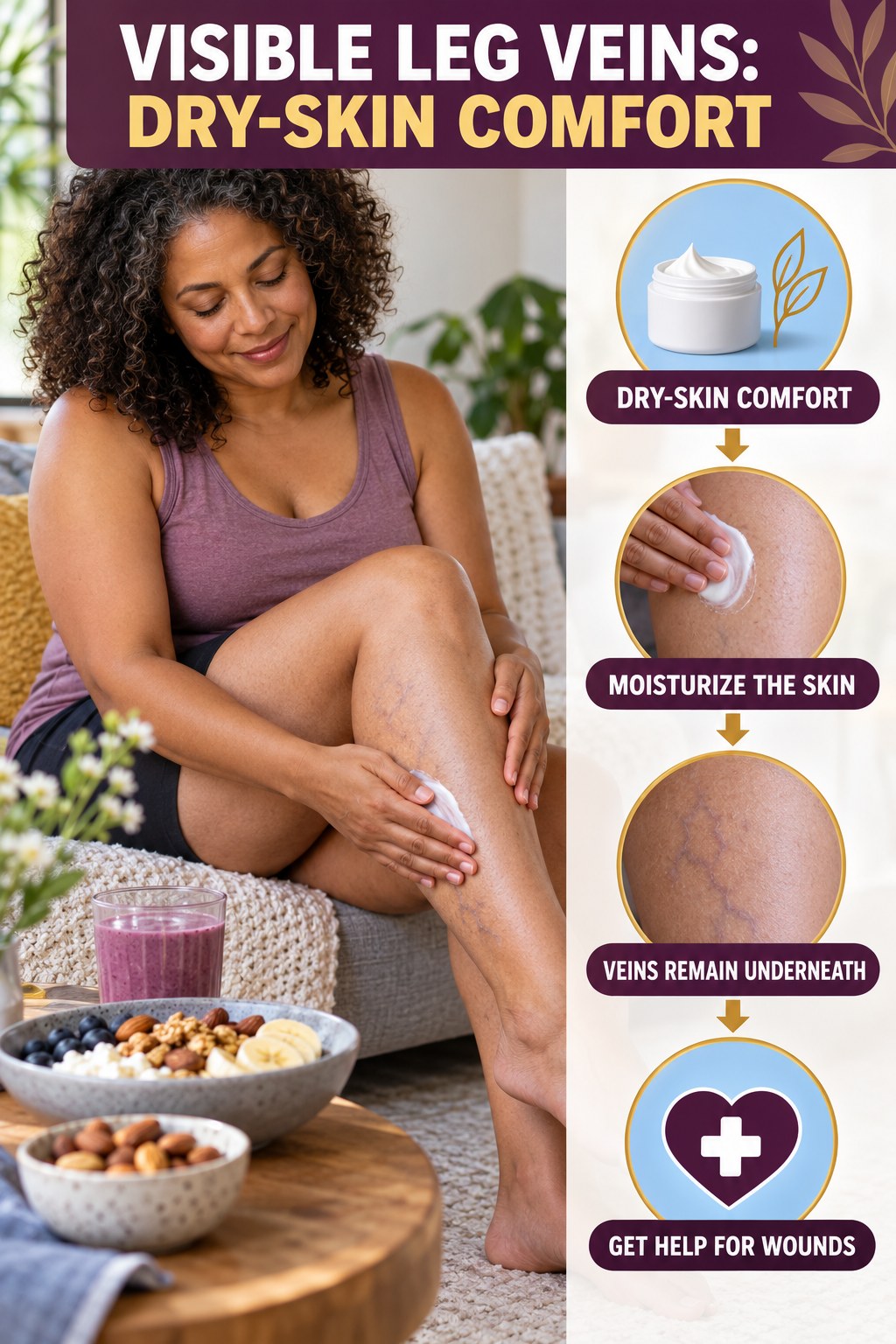 Dry-Skin Comfort infographic for High Protein Snacks, showing body-neutral visible-leg-vein appearance care and the boundary between temporary cosmetic support and treatment.