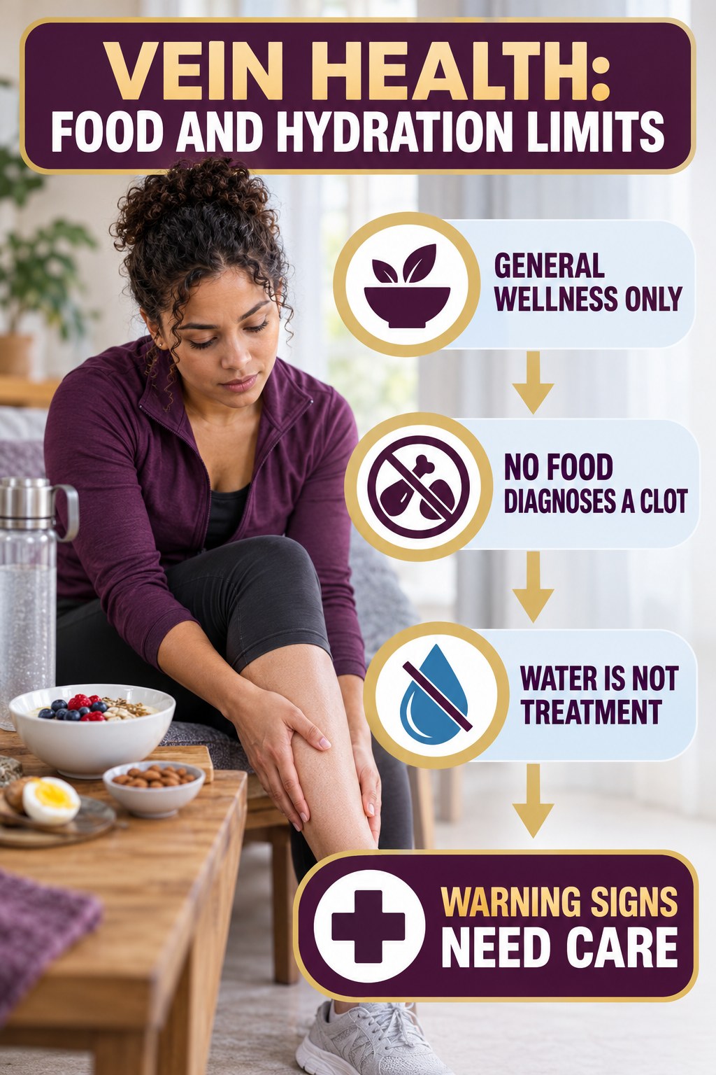 Food and Hydration Limits infographic for High Protein Snacks, explaining vein-health warning signs and the appropriate next action without diagnosing a condition.