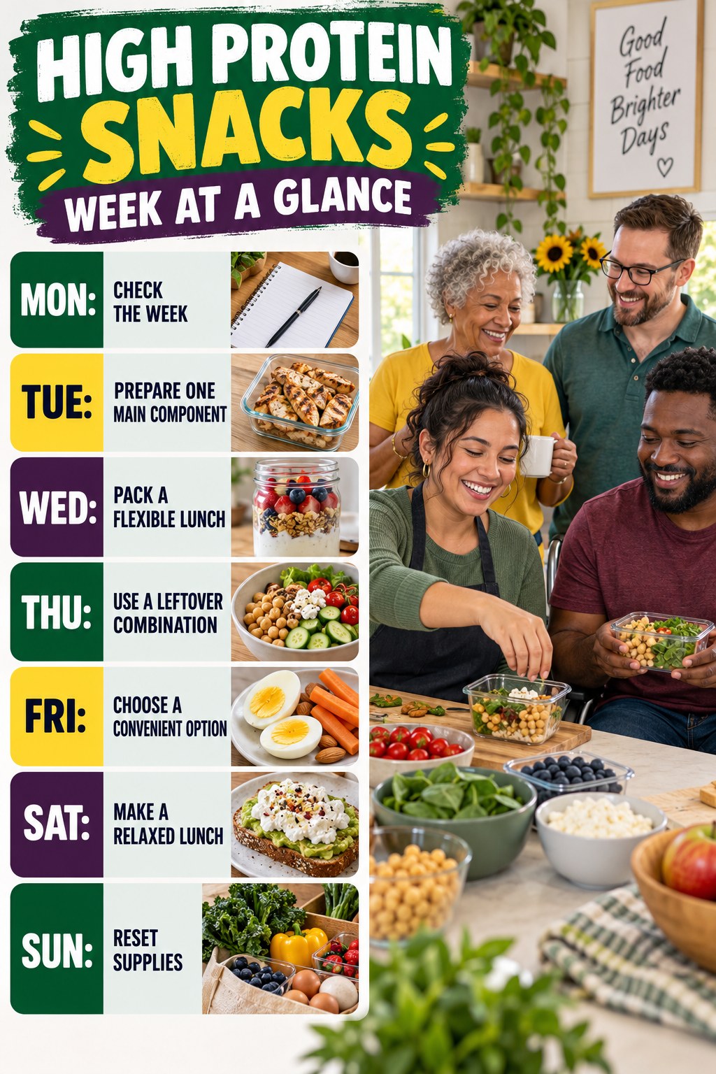 Weekly High Protein Snacks plan graphic with concise Monday-to-Sunday actions and flexible recovery guidance.