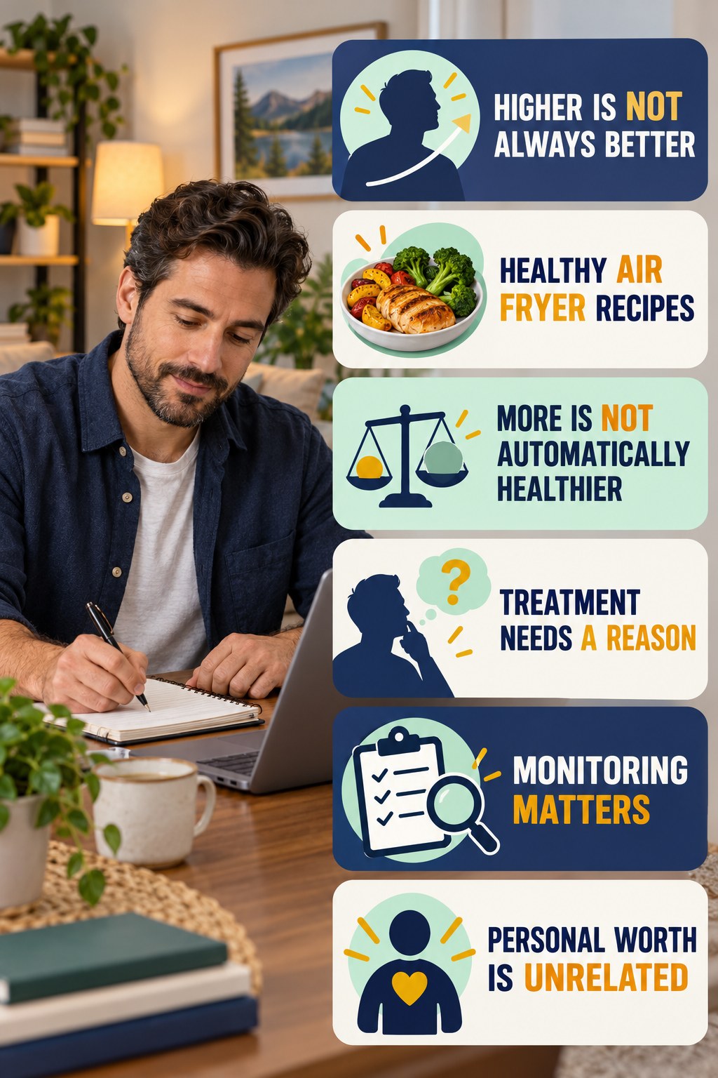 Higher Testosterone Is Not Always Better testosterone-health-awareness infographic for Healthy Air Fryer Recipes with four concise educational checks.