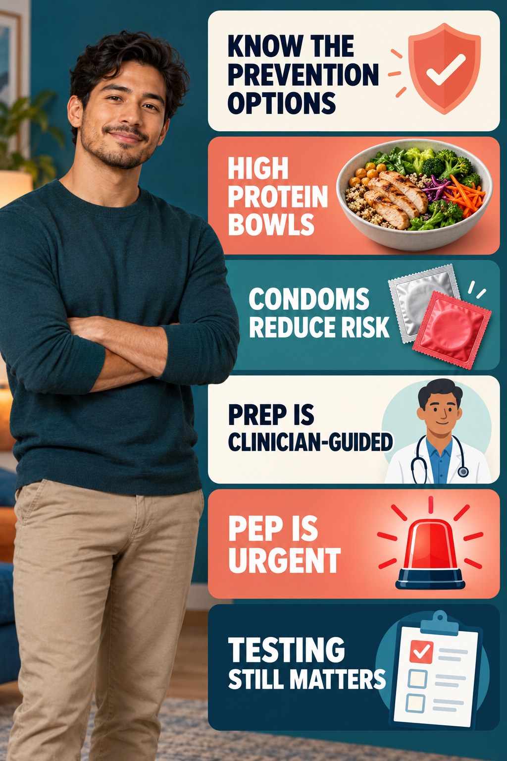 HIV Prevention Options Serve Different Roles infographic for High Protein Bowls with four concise, non-shaming sexual-health education points.
