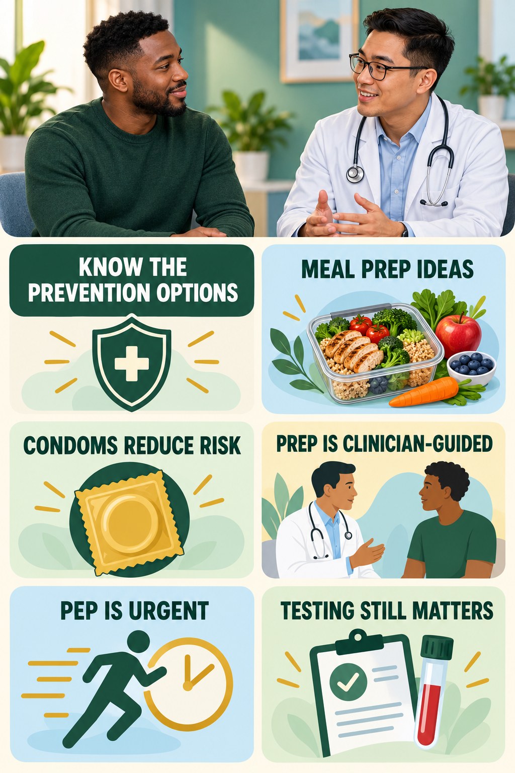 HIV Prevention Options Serve Different Roles infographic for Meal Prep Ideas with four concise, non-shaming sexual-health education points.