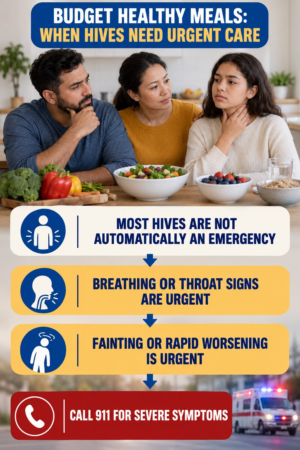 Calm Emergency Boundary infographic for Budget Healthy Meals, highlighting urgent breathing, throat, swelling, fainting, and rapid-progression warning signs without diagnosing hives.