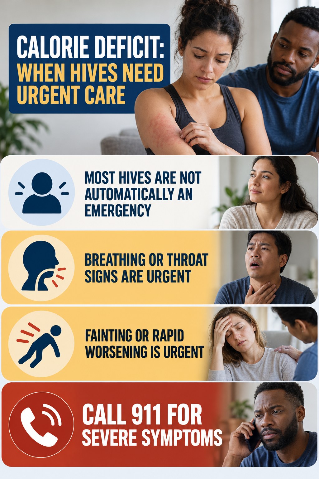 Calm Emergency Boundary infographic for Calorie Deficit, highlighting urgent breathing, throat, swelling, fainting, and rapid-progression warning signs without diagnosing hives.