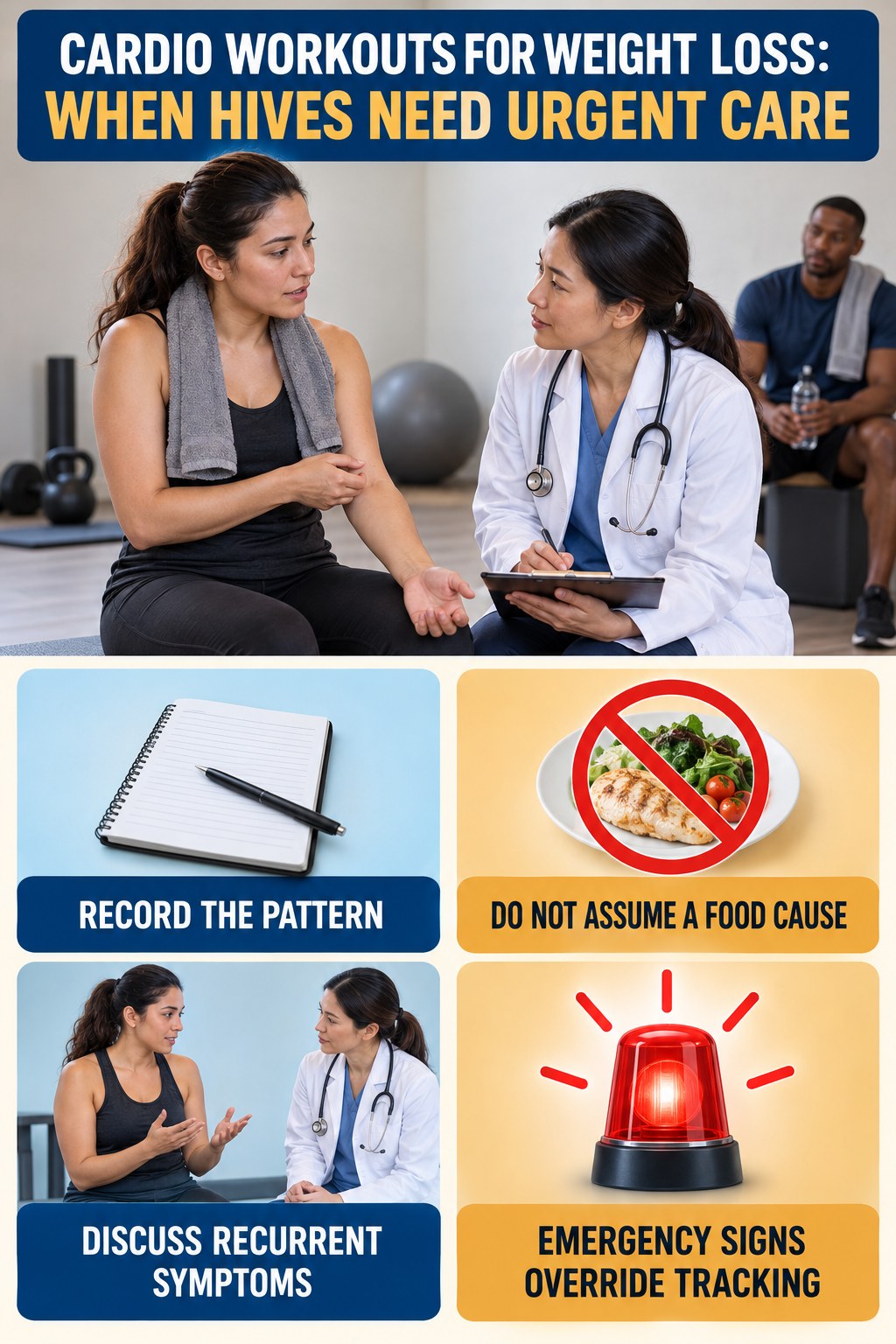Recurrent Hives Conversation Guide infographic for Cardio Workouts for Weight Loss, highlighting urgent breathing, throat, swelling, fainting, and rapid-progression warning signs without diagnosing hives.