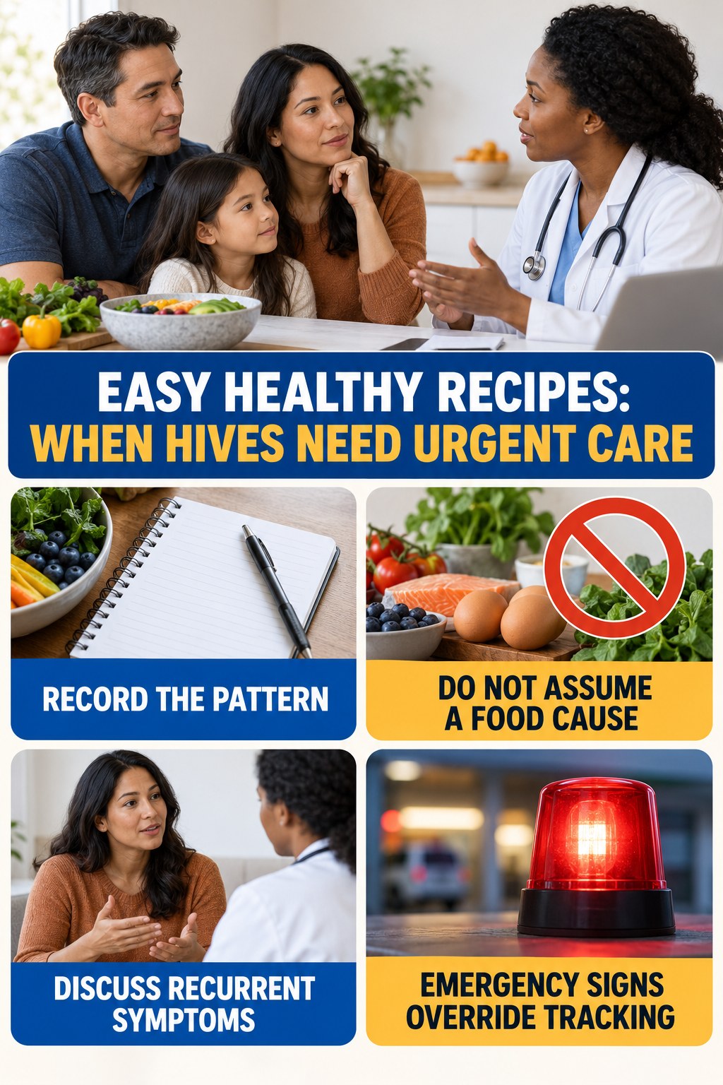 Recurrent Hives Conversation Guide infographic for Easy Healthy Recipes, highlighting urgent breathing, throat, swelling, fainting, and rapid-progression warning signs without diagnosing hives.