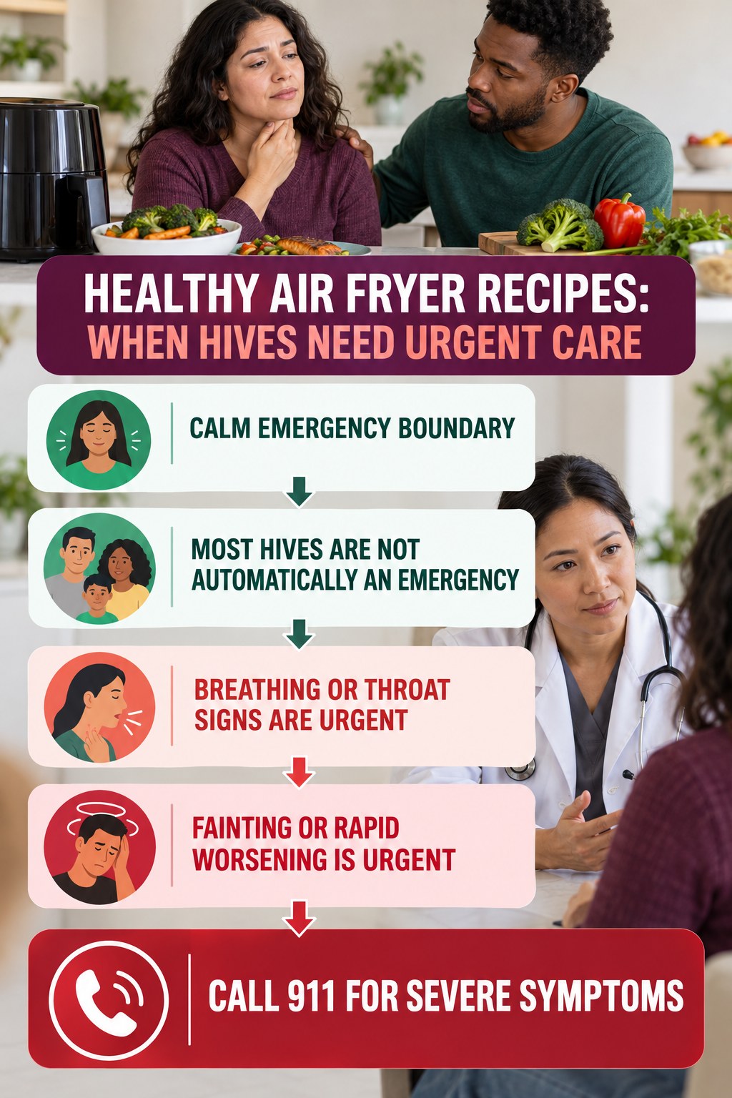 Calm Emergency Boundary infographic for Healthy Air Fryer Recipes, highlighting urgent breathing, throat, swelling, fainting, and rapid-progression warning signs without diagnosing hives.