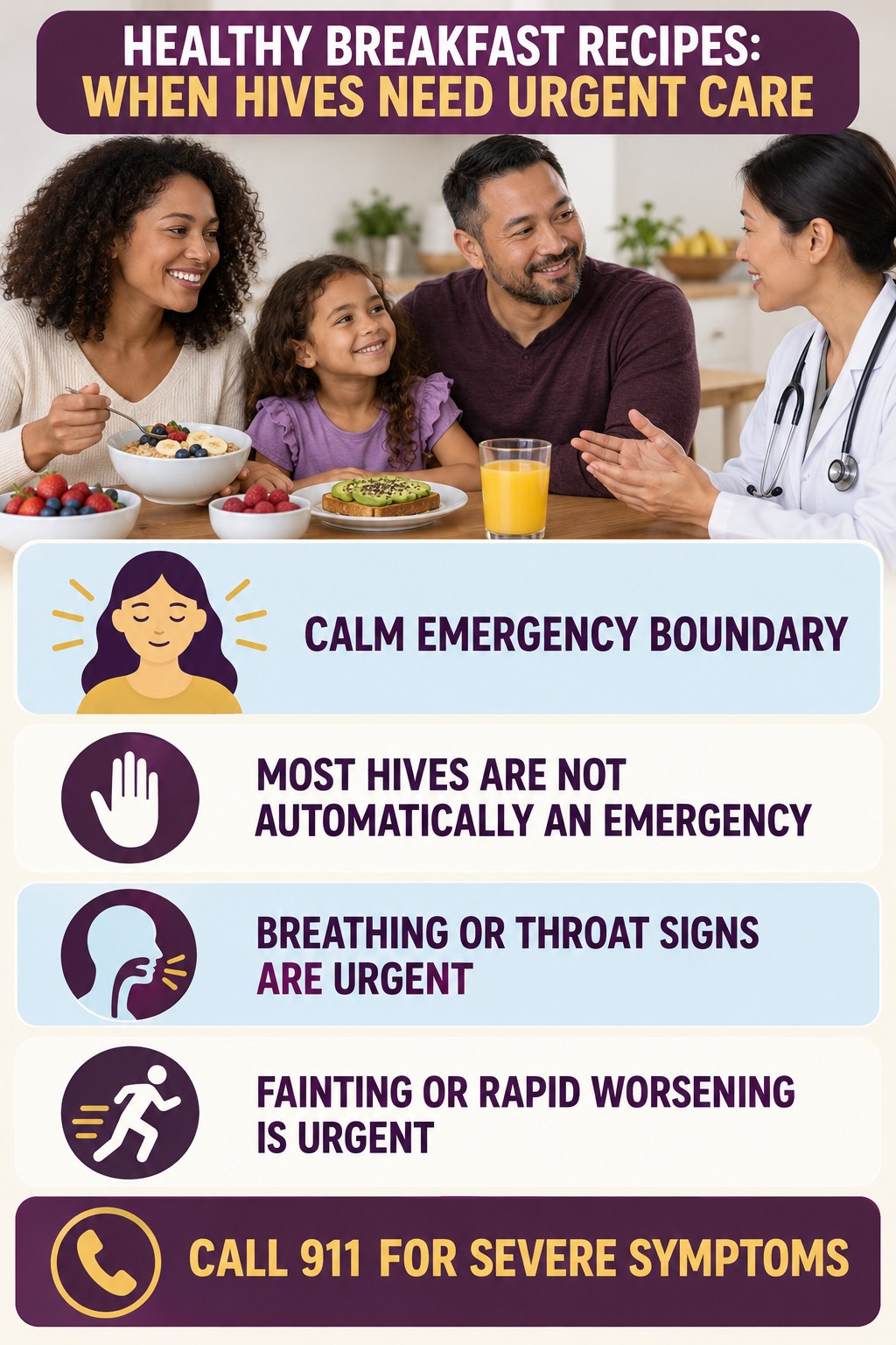 Calm Emergency Boundary infographic for Healthy Breakfast Recipes, highlighting urgent breathing, throat, swelling, fainting, and rapid-progression warning signs without diagnosing hives.