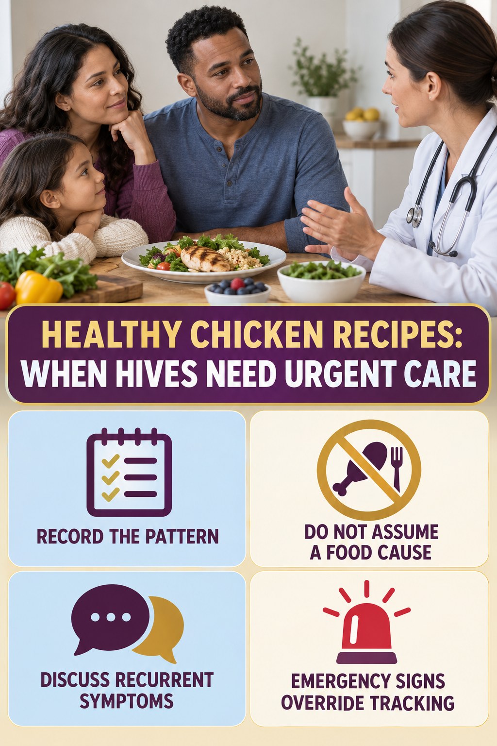 Recurrent Hives Conversation Guide infographic for Healthy Chicken Recipes, highlighting urgent breathing, throat, swelling, fainting, and rapid-progression warning signs without diagnosing hives.