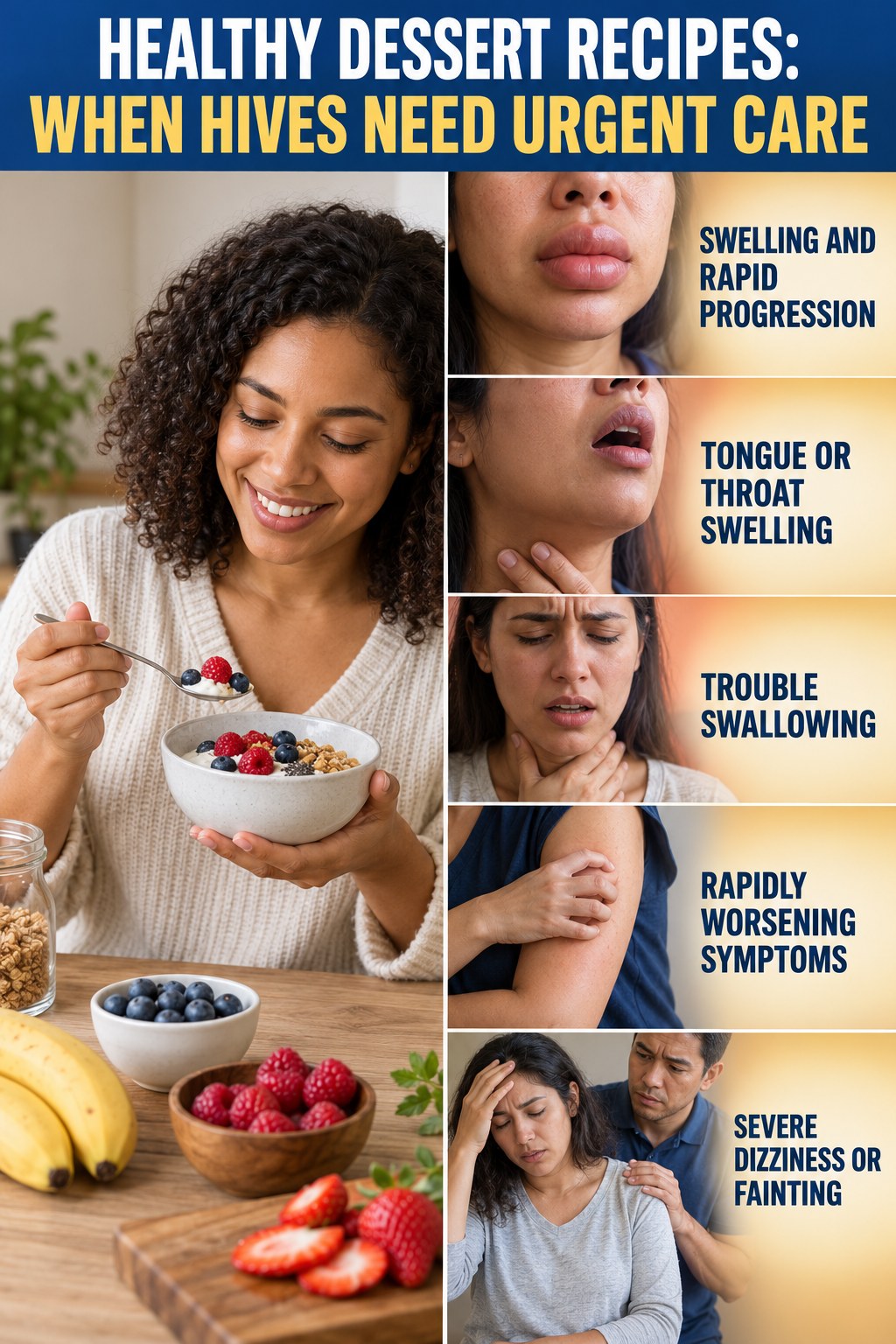 Swelling and Rapid Progression infographic for Healthy Dessert Recipes, highlighting urgent breathing, throat, swelling, fainting, and rapid-progression warning signs without diagnosing hives.
