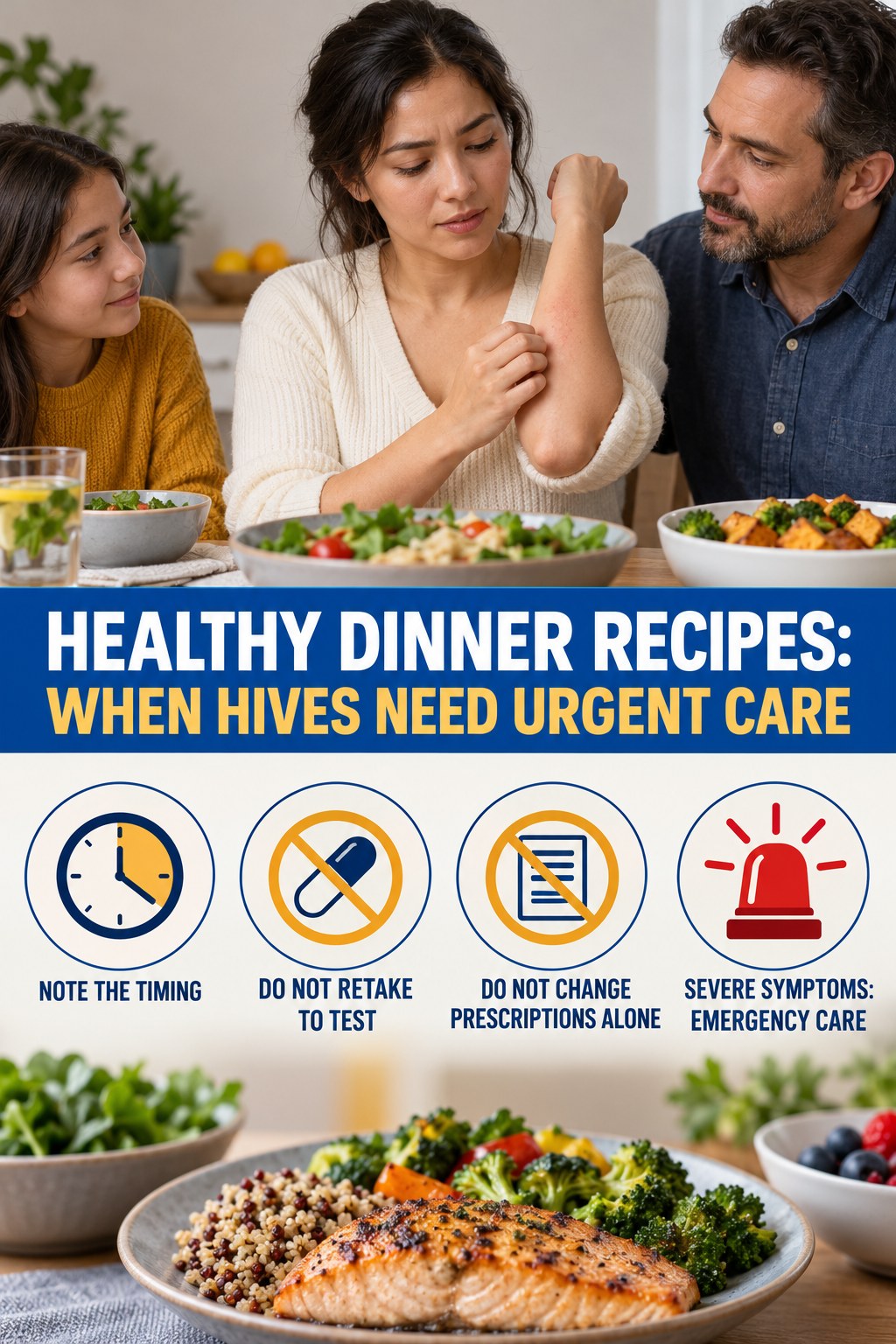 Medication-Timing Safety infographic for Healthy Dinner Recipes, highlighting urgent breathing, throat, swelling, fainting, and rapid-progression warning signs without diagnosing hives.