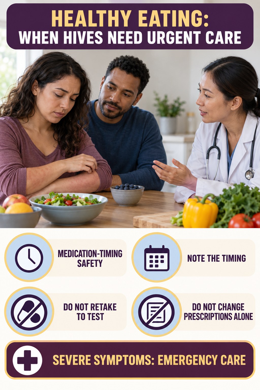 Medication-Timing Safety infographic for Healthy Eating, highlighting urgent breathing, throat, swelling, fainting, and rapid-progression warning signs without diagnosing hives.
