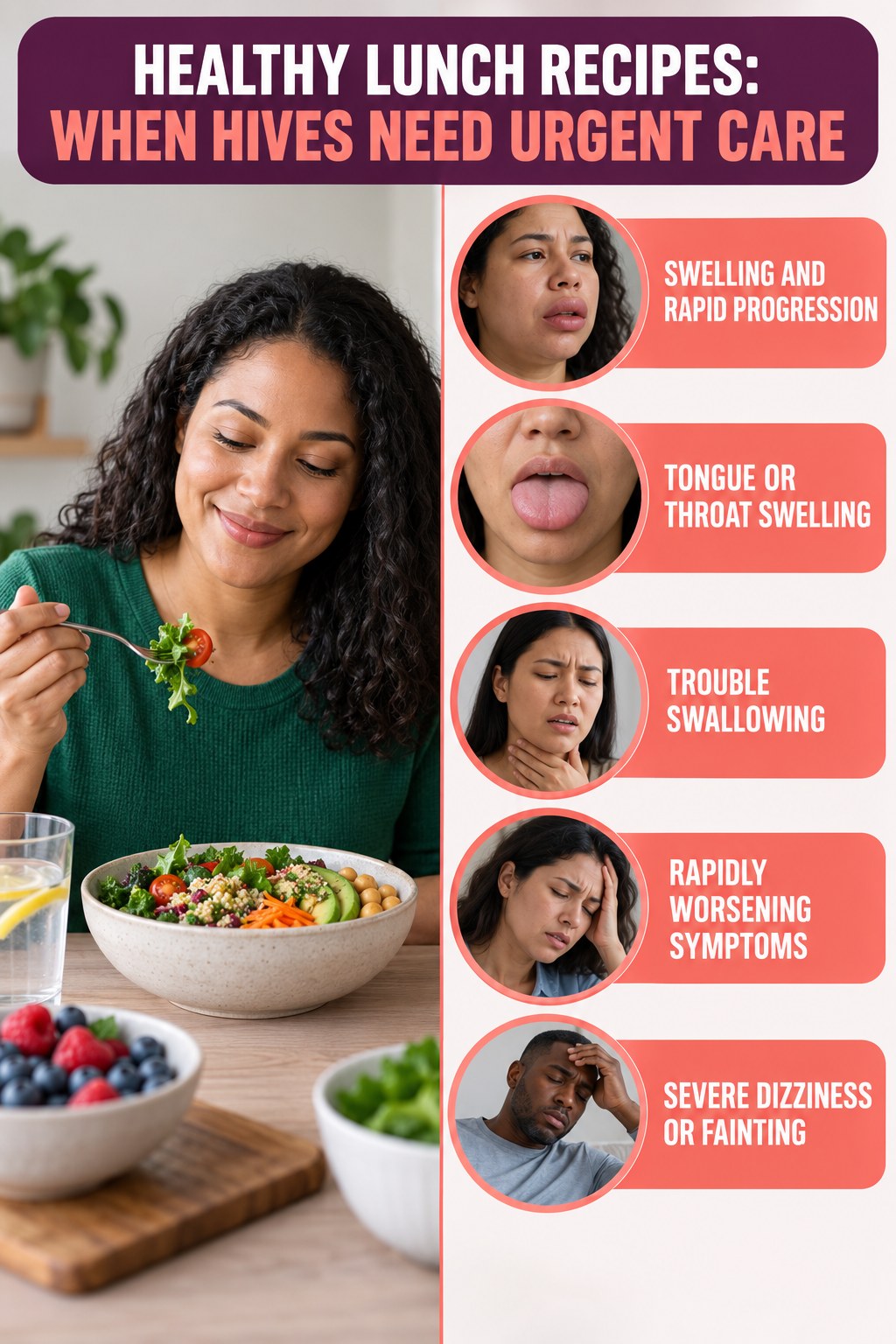 Swelling and Rapid Progression infographic for Healthy Lunch Recipes, highlighting urgent breathing, throat, swelling, fainting, and rapid-progression warning signs without diagnosing hives.