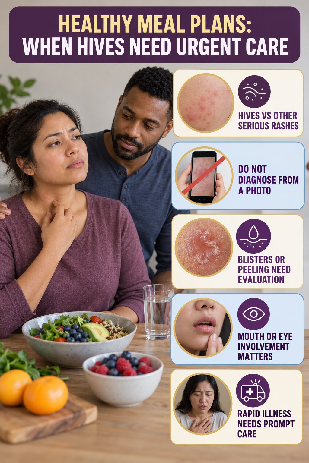 Hives vs Other Serious Rashes infographic for Healthy Meal Plans, highlighting urgent breathing, throat, swelling, fainting, and rapid-progression warning signs without diagnosing hives.
