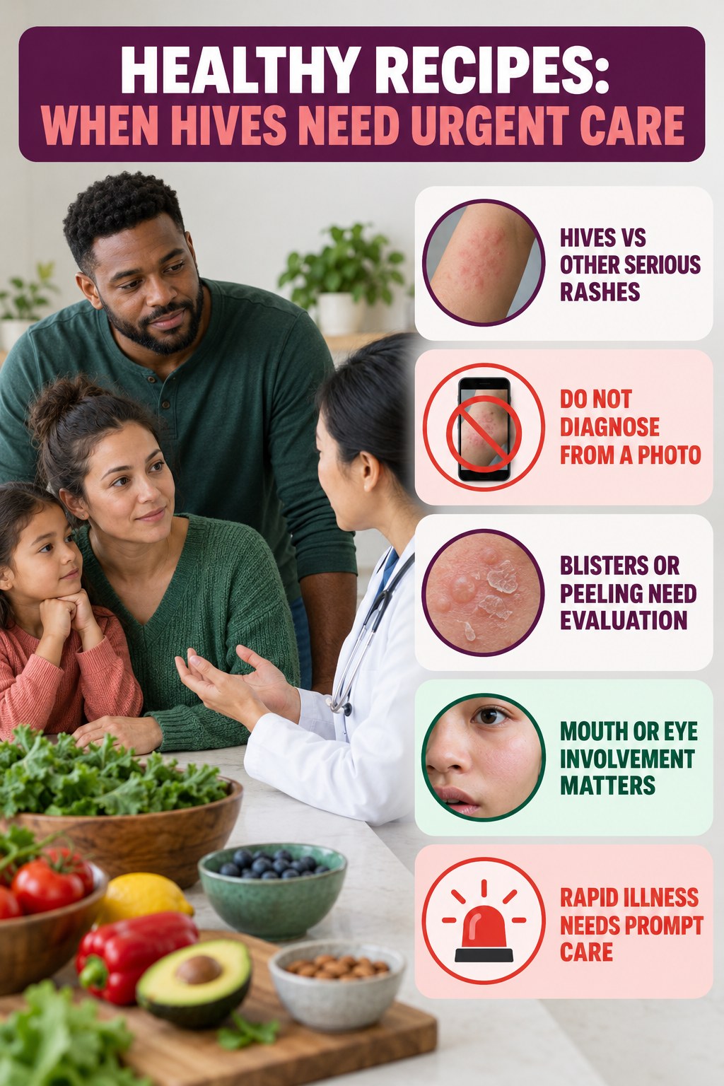 Hives vs Other Serious Rashes infographic for Healthy Recipes, highlighting urgent breathing, throat, swelling, fainting, and rapid-progression warning signs without diagnosing hives.