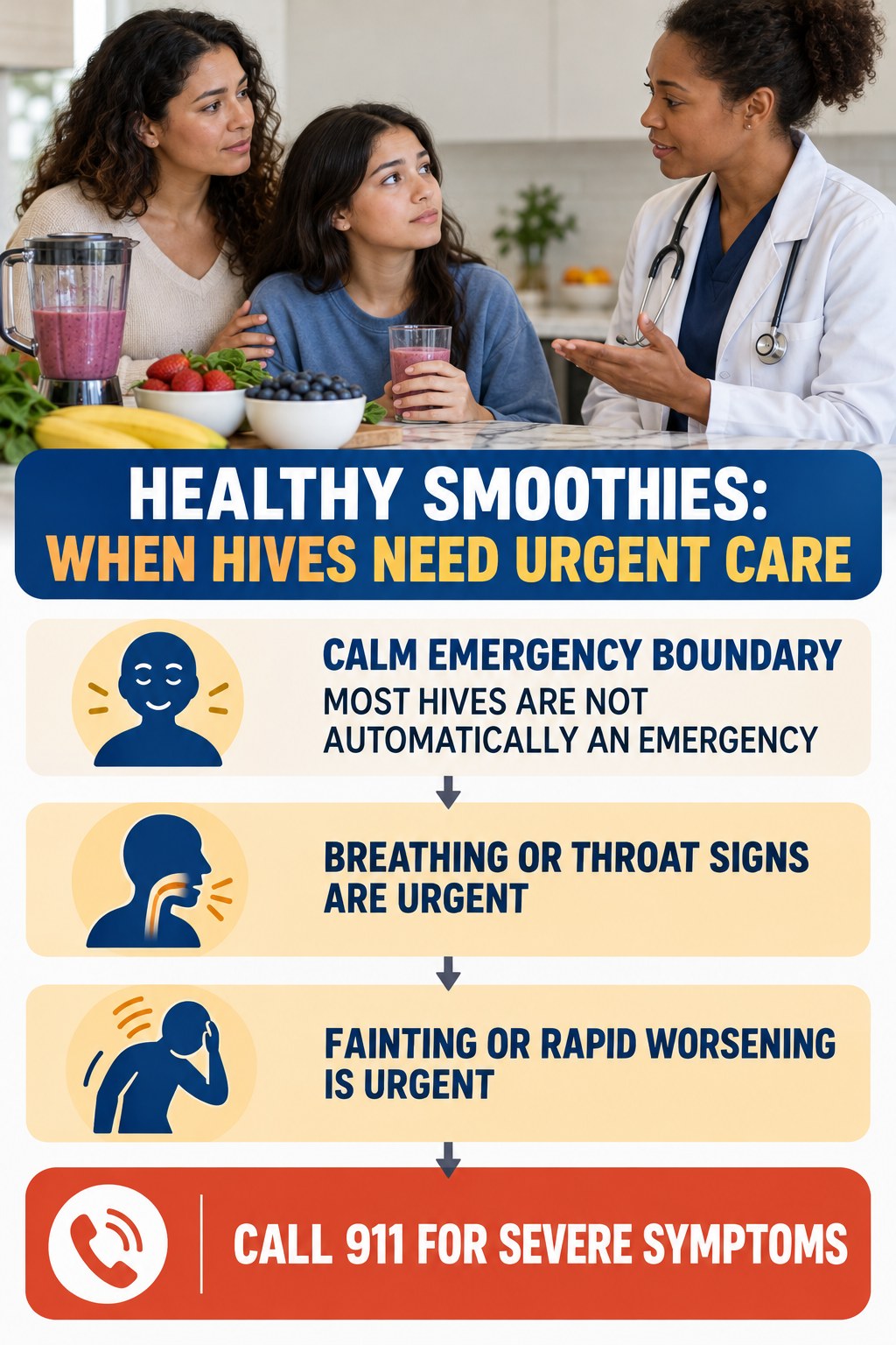 Calm Emergency Boundary infographic for Healthy Smoothies, highlighting urgent breathing, throat, swelling, fainting, and rapid-progression warning signs without diagnosing hives.