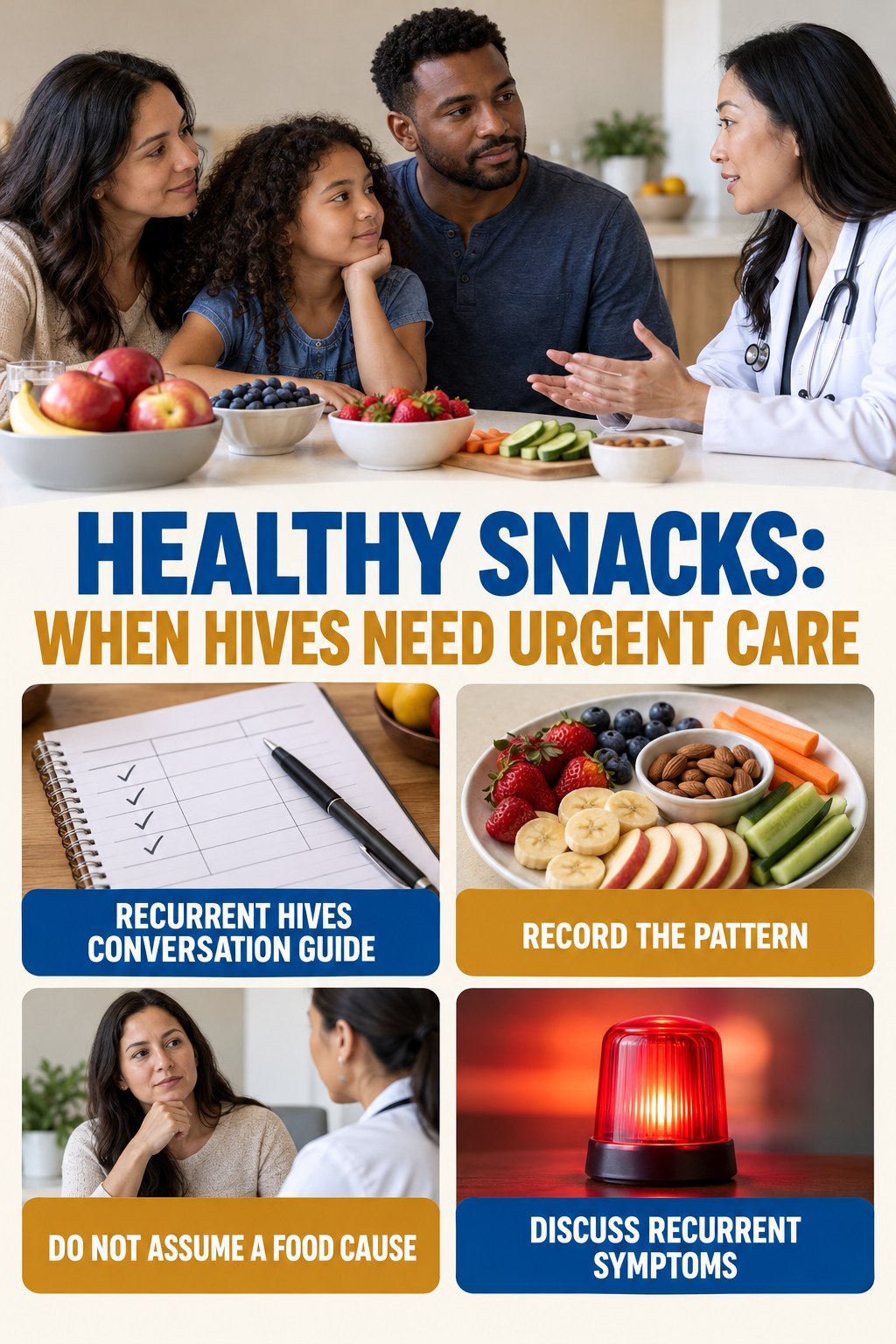 Recurrent Hives Conversation Guide infographic for Healthy Snacks, highlighting urgent breathing, throat, swelling, fainting, and rapid-progression warning signs without diagnosing hives.