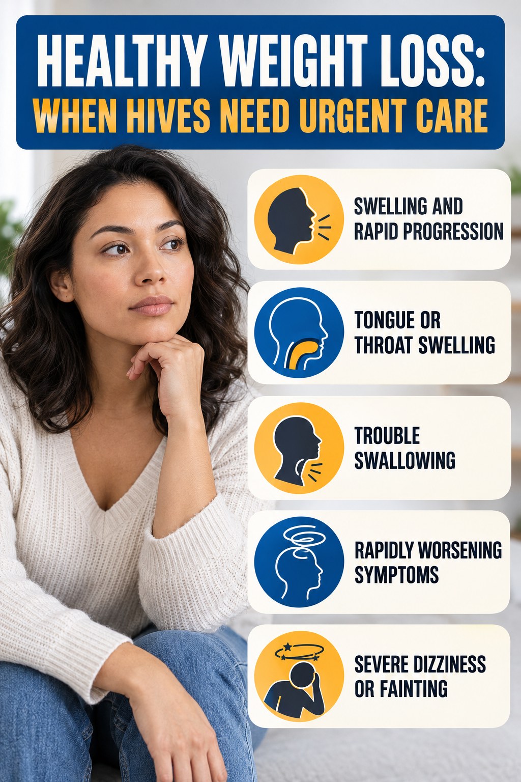 Swelling and Rapid Progression infographic for Healthy Weight Loss, highlighting urgent breathing, throat, swelling, fainting, and rapid-progression warning signs without diagnosing hives.