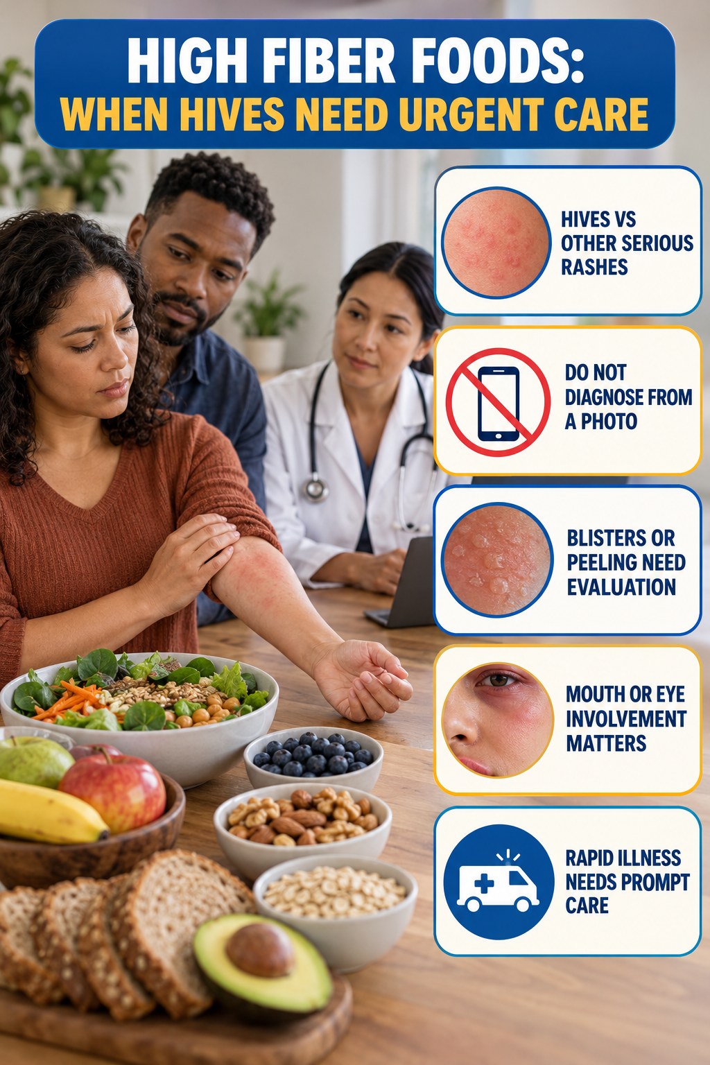 Hives vs Other Serious Rashes infographic for High Fiber Foods, highlighting urgent breathing, throat, swelling, fainting, and rapid-progression warning signs without diagnosing hives.