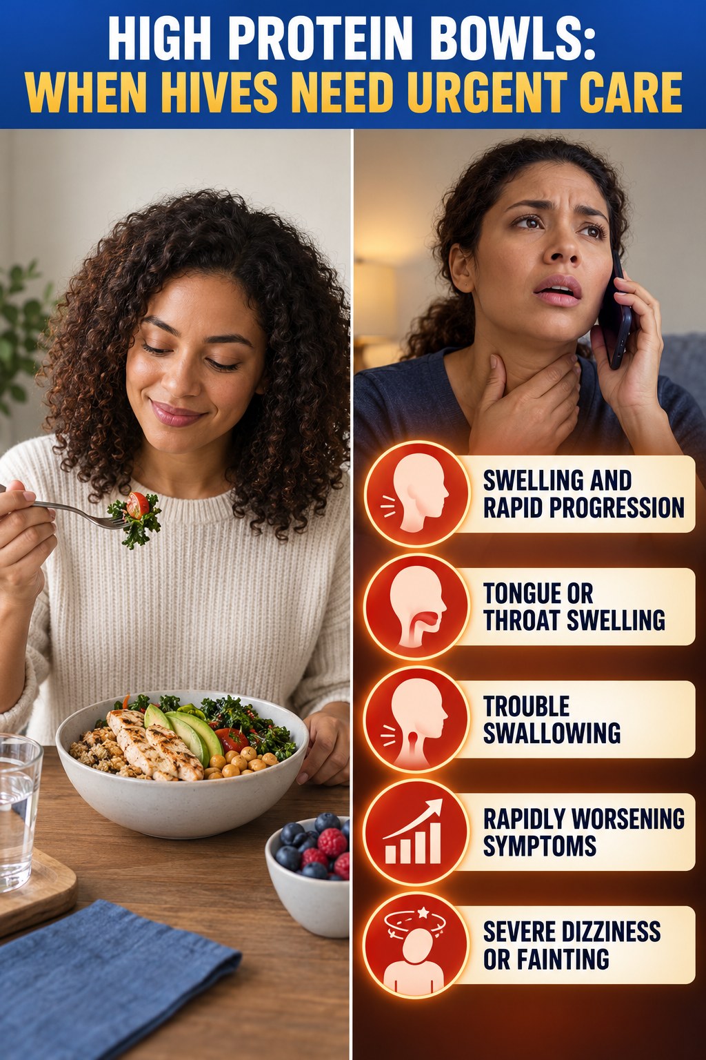 Swelling and Rapid Progression infographic for High Protein Bowls, highlighting urgent breathing, throat, swelling, fainting, and rapid-progression warning signs without diagnosing hives.