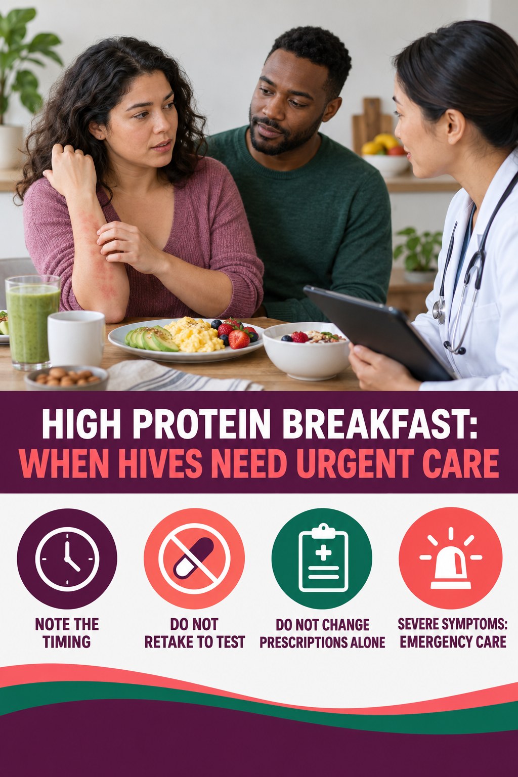 Medication-Timing Safety infographic for High Protein Breakfast, highlighting urgent breathing, throat, swelling, fainting, and rapid-progression warning signs without diagnosing hives.