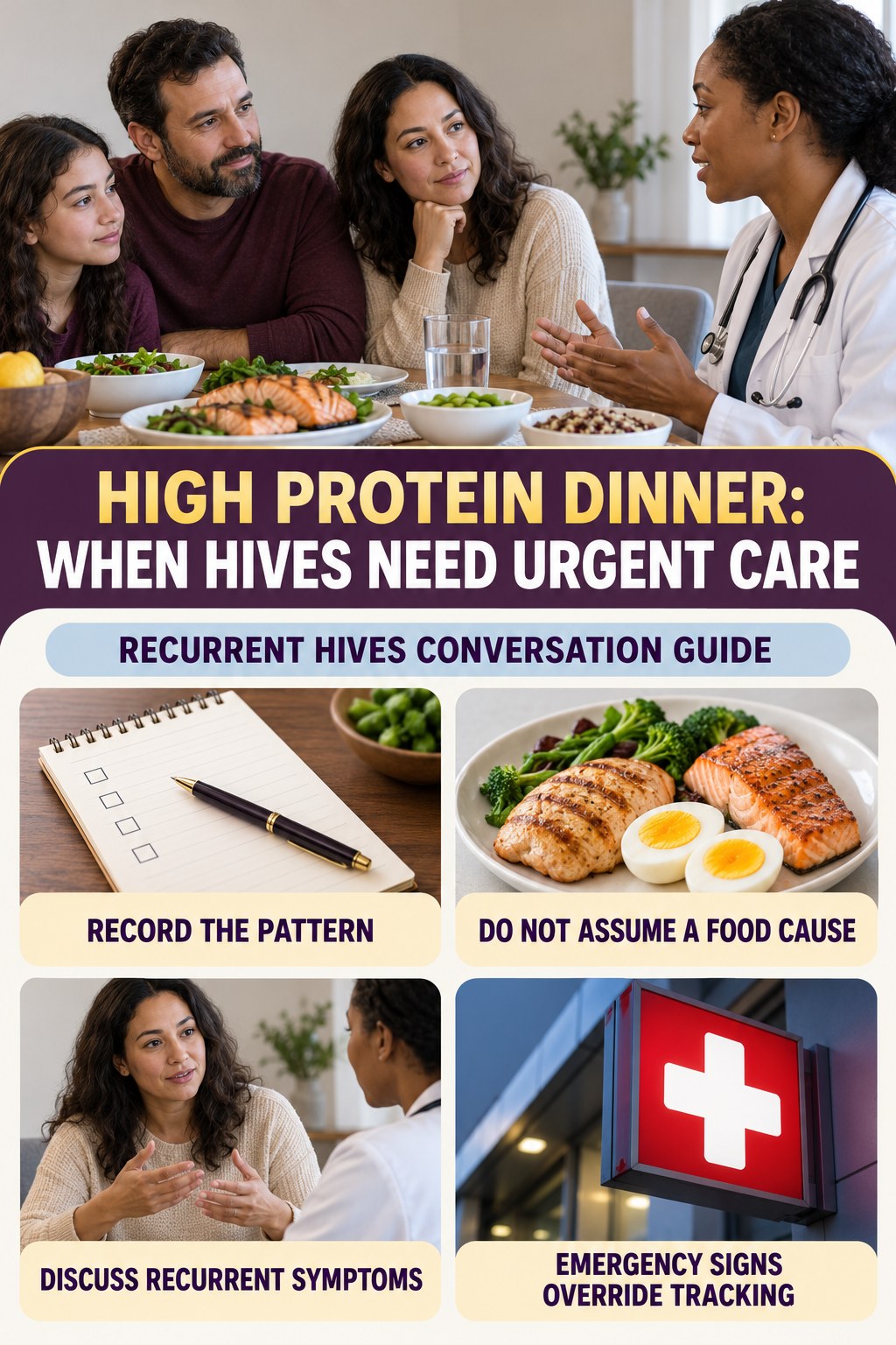 Recurrent Hives Conversation Guide infographic for High Protein Dinner, highlighting urgent breathing, throat, swelling, fainting, and rapid-progression warning signs without diagnosing hives.