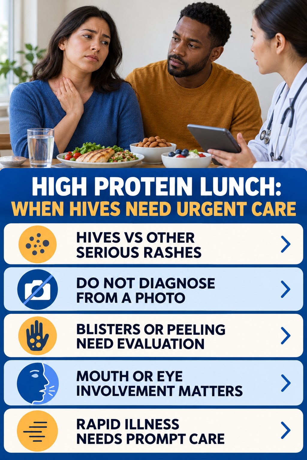 Hives vs Other Serious Rashes infographic for High Protein Lunch, highlighting urgent breathing, throat, swelling, fainting, and rapid-progression warning signs without diagnosing hives.