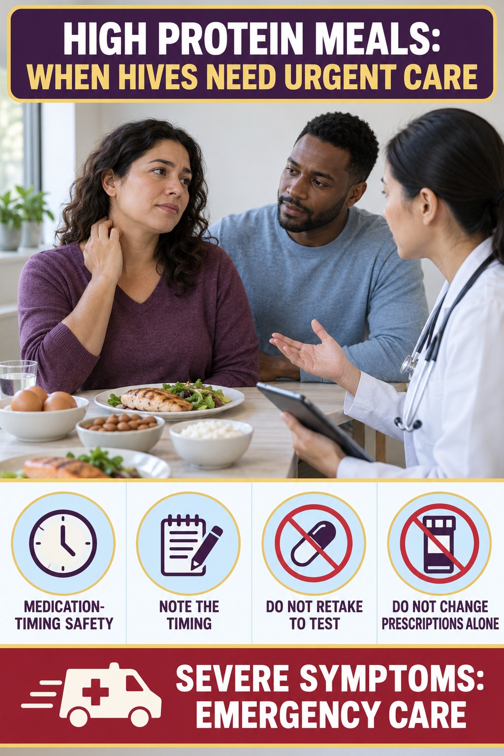 Medication-Timing Safety infographic for High Protein Meals, highlighting urgent breathing, throat, swelling, fainting, and rapid-progression warning signs without diagnosing hives.