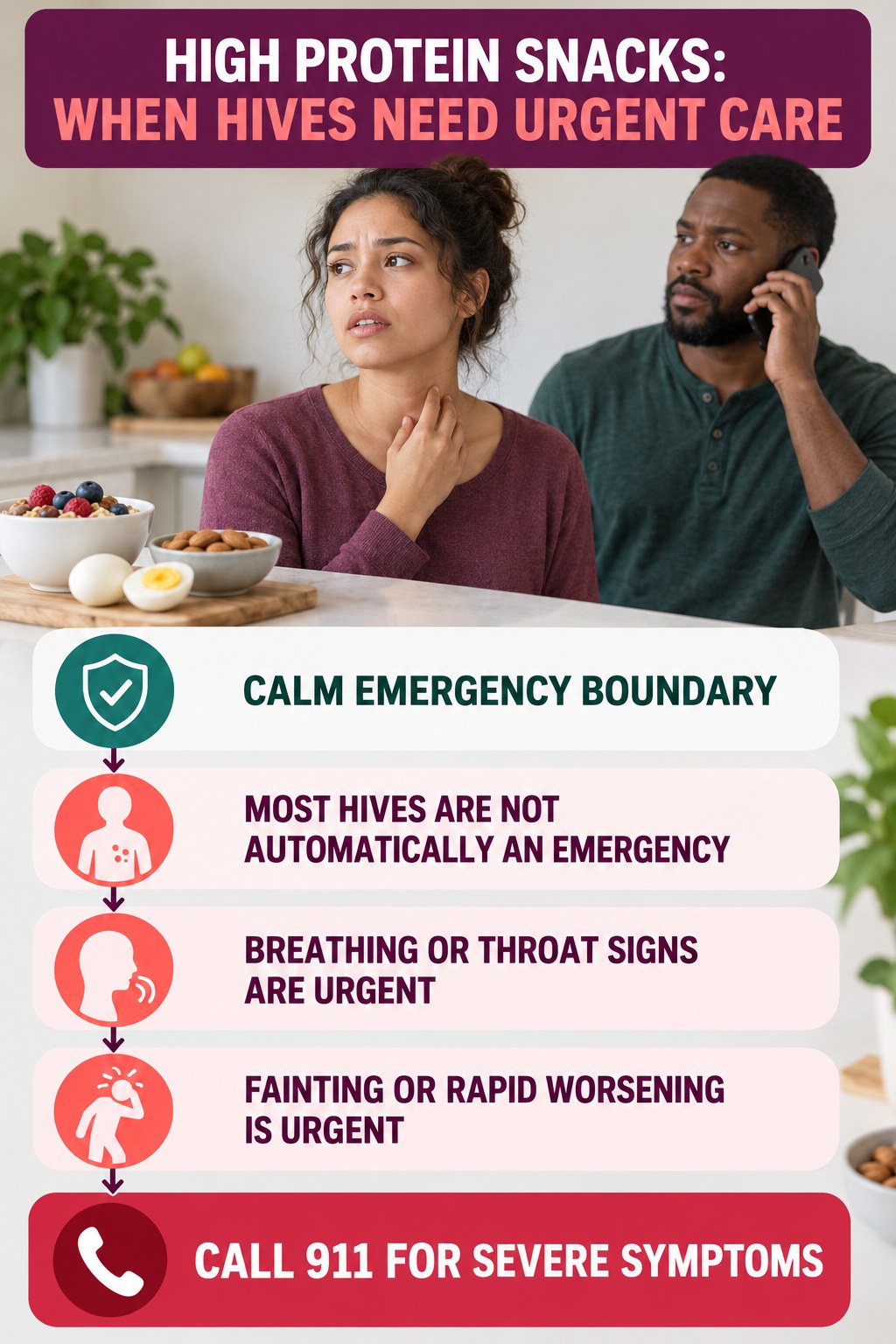 Calm Emergency Boundary infographic for High Protein Snacks, highlighting urgent breathing, throat, swelling, fainting, and rapid-progression warning signs without diagnosing hives.