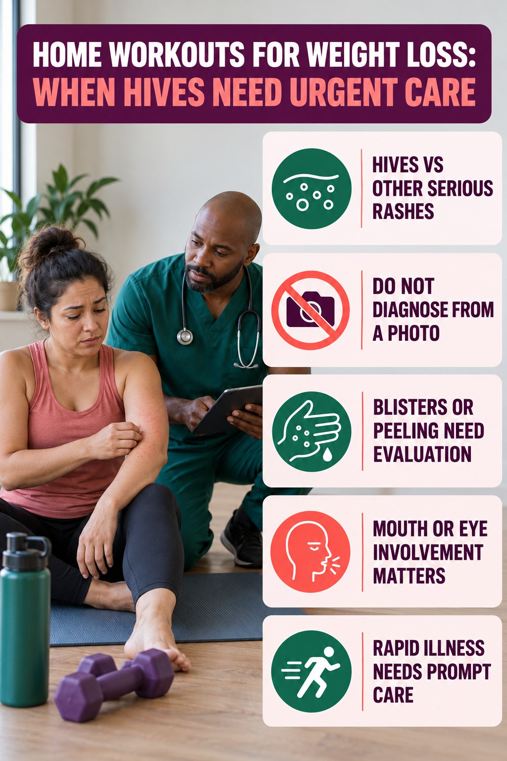 Hives vs Other Serious Rashes infographic for Home Workouts for Weight Loss, highlighting urgent breathing, throat, swelling, fainting, and rapid-progression warning signs without diagnosing hives.
